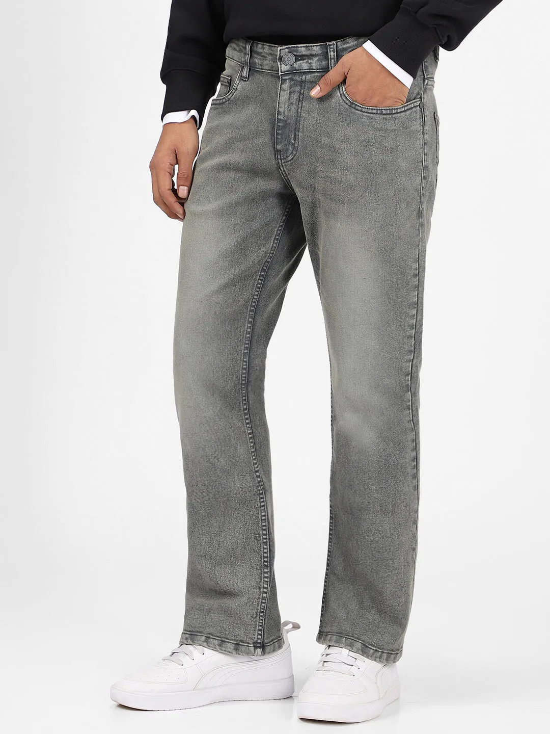 Mens Stretchable Dark Grey Washed Bootcut Jeans