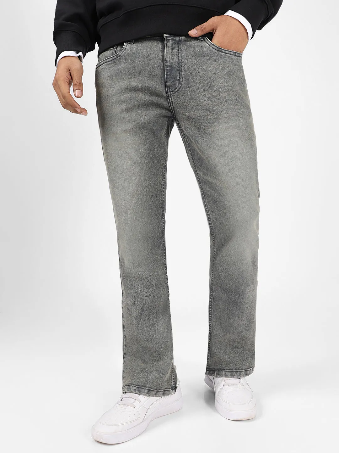 Mens Stretchable Dark Grey Washed Bootcut Jeans