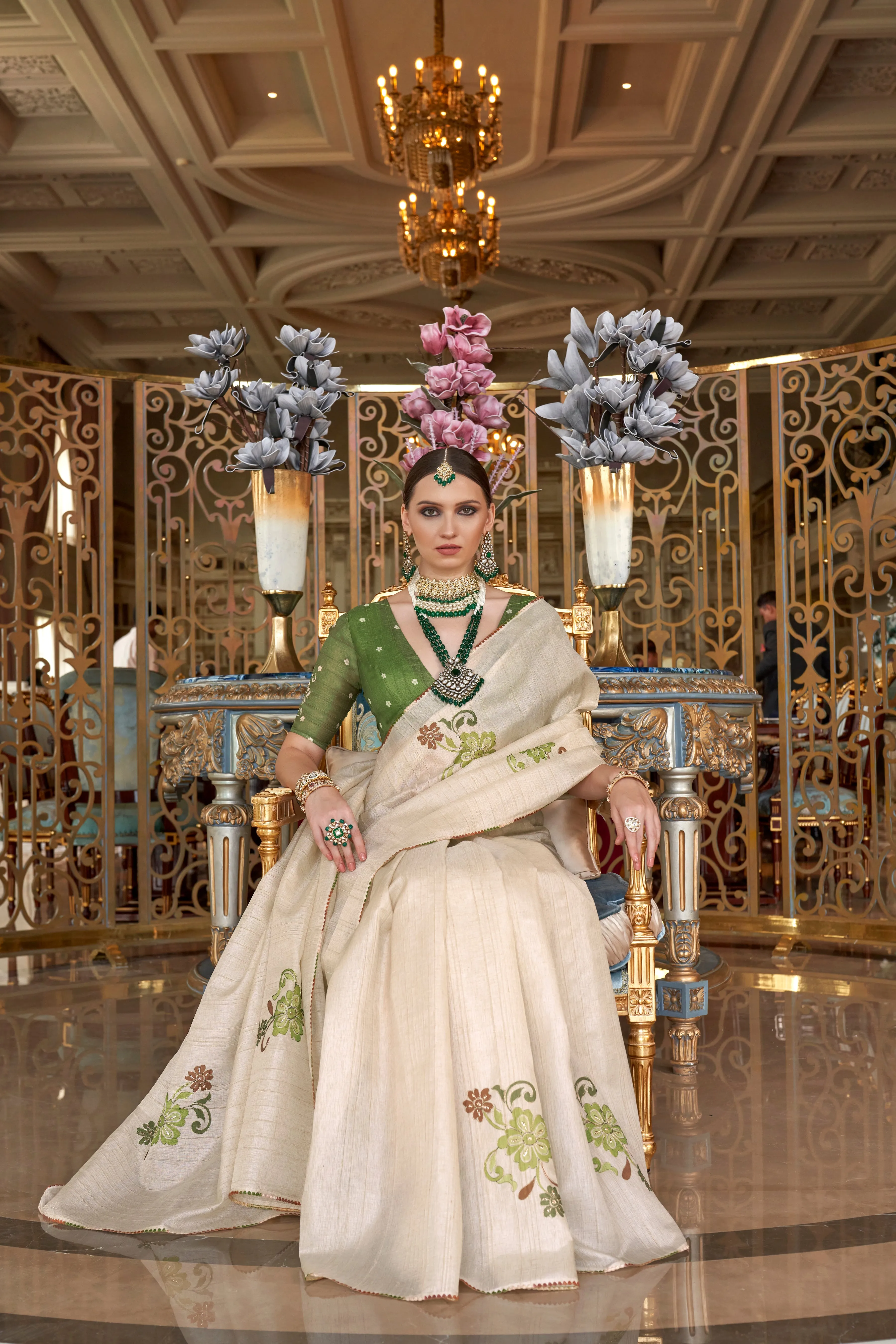 Off-White & Green Pure Tussar Silk Saree