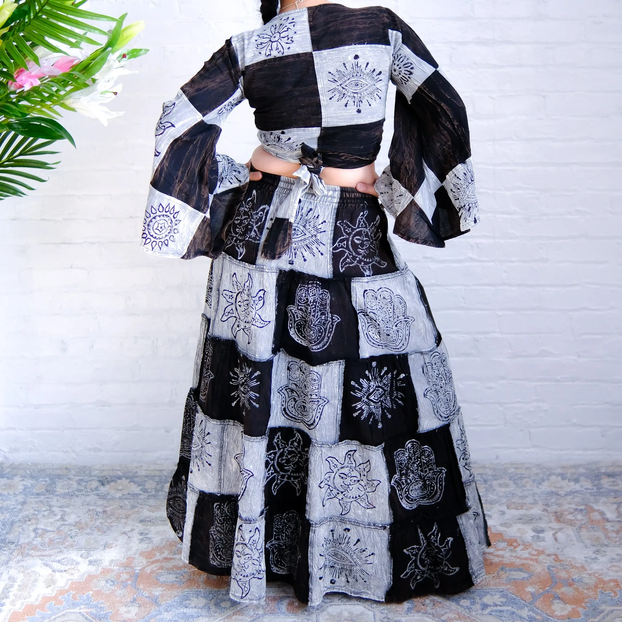 Patchwork Flowy Cotton Skirt with Pocket