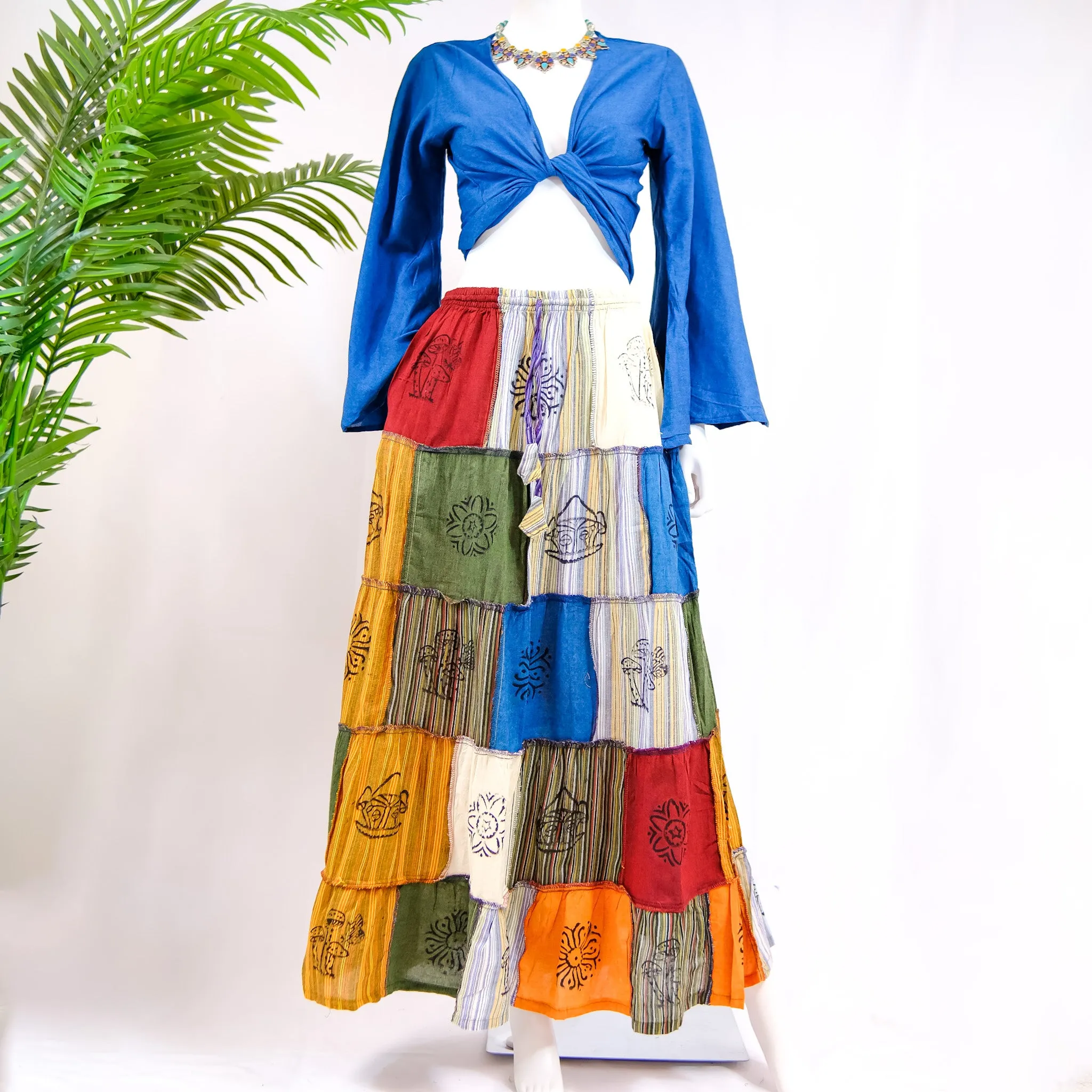 Patchwork Flowy Cotton Skirt with Pocket