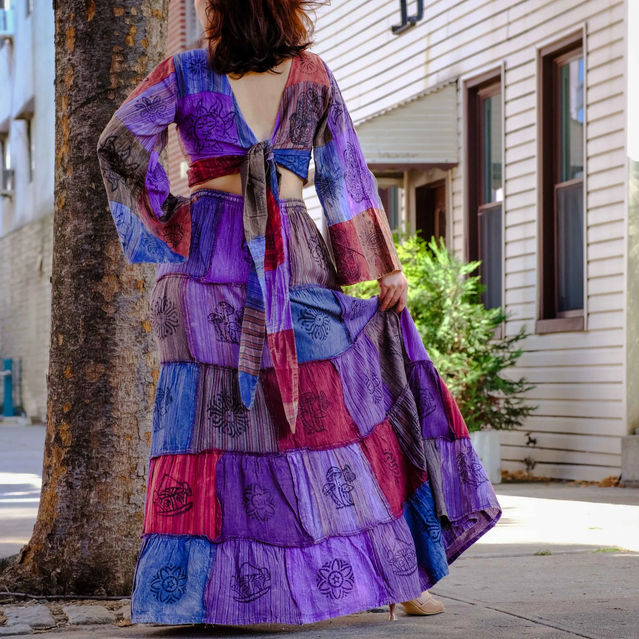 Patchwork Flowy Cotton Skirt with Pocket