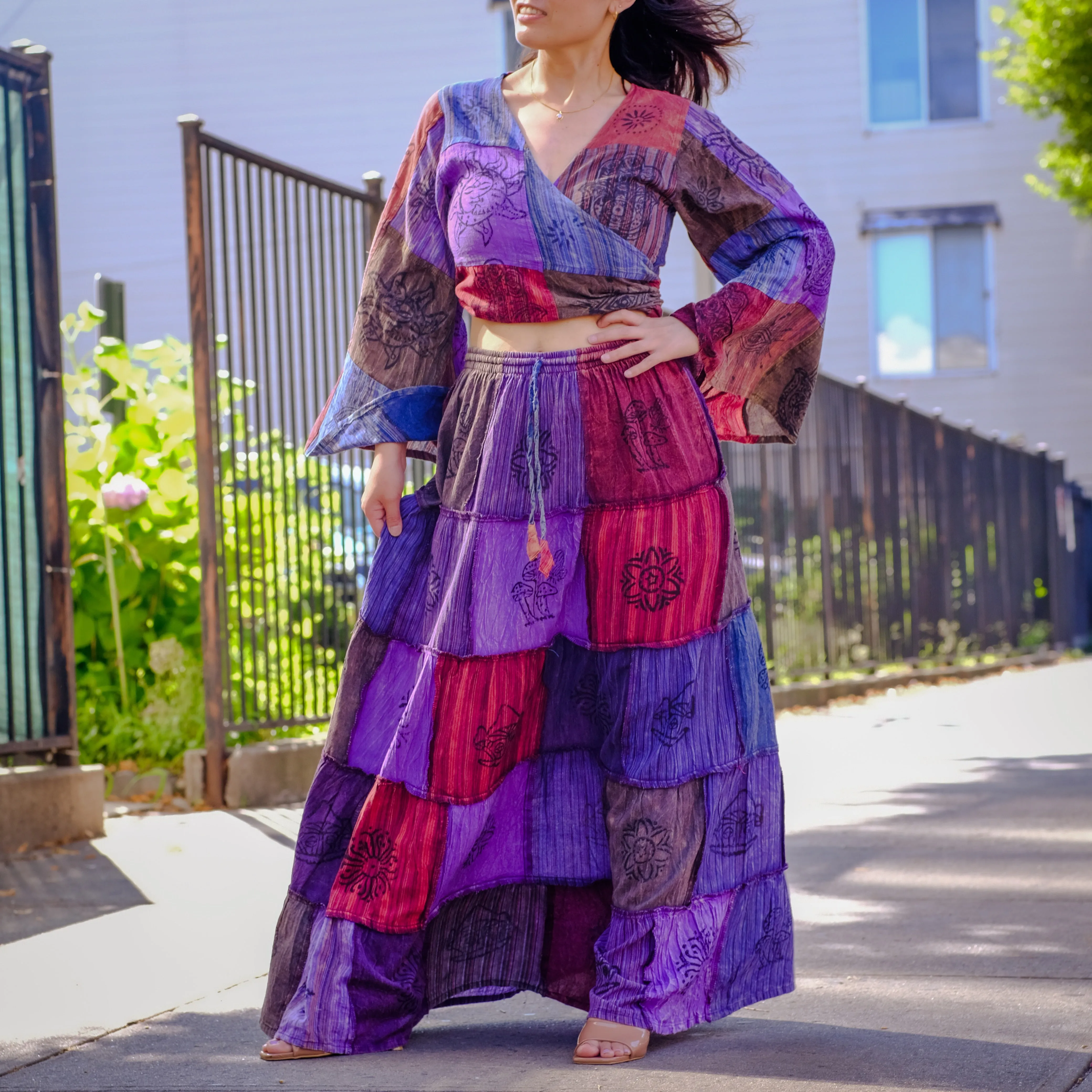Patchwork Flowy Cotton Skirt with Pocket
