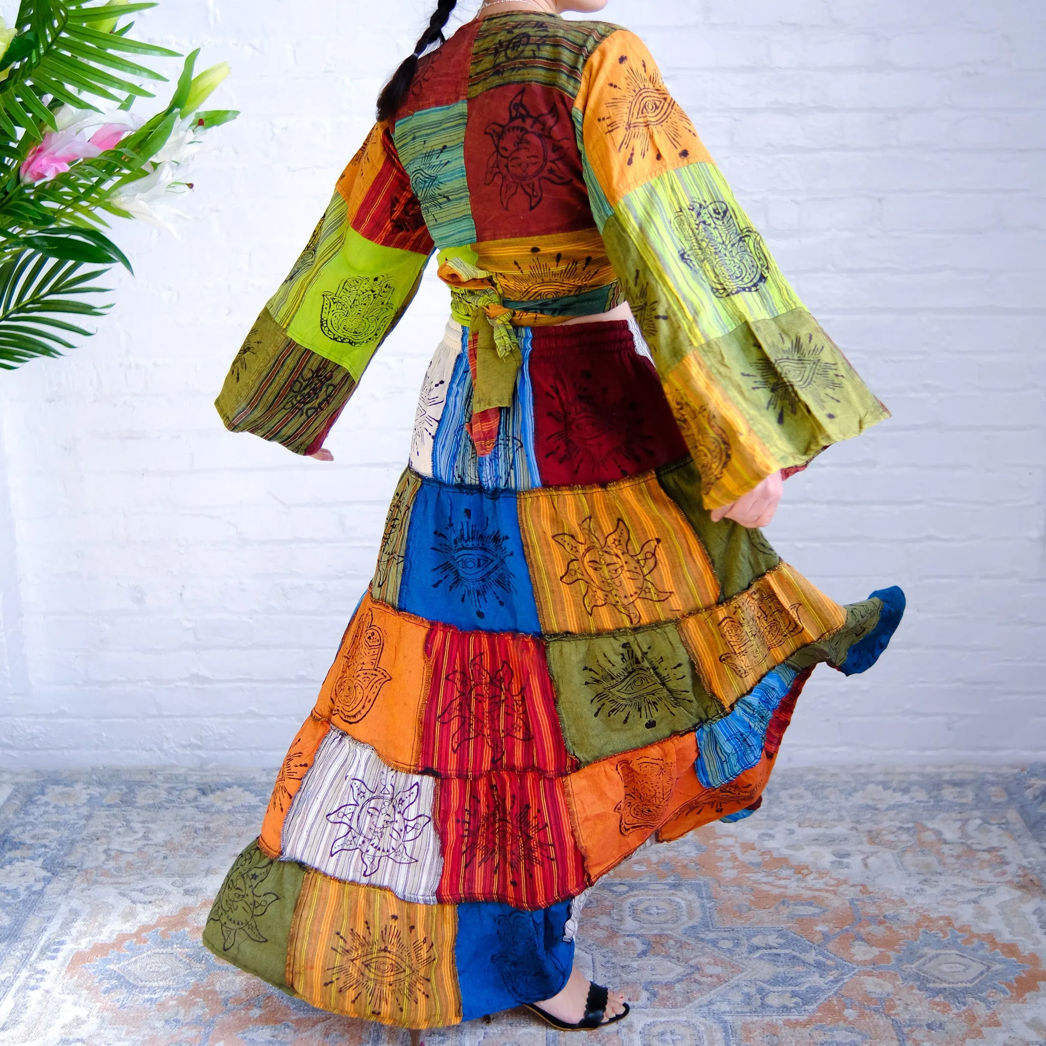 Patchwork Flowy Cotton Skirt with Pocket