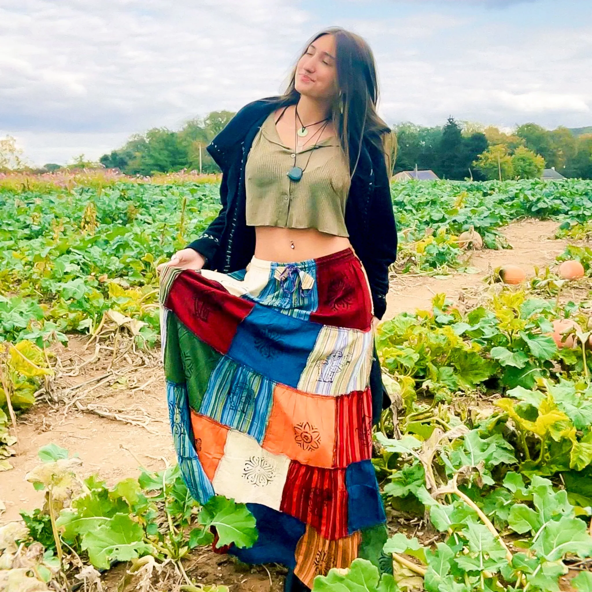 Patchwork Flowy Cotton Skirt with Pocket