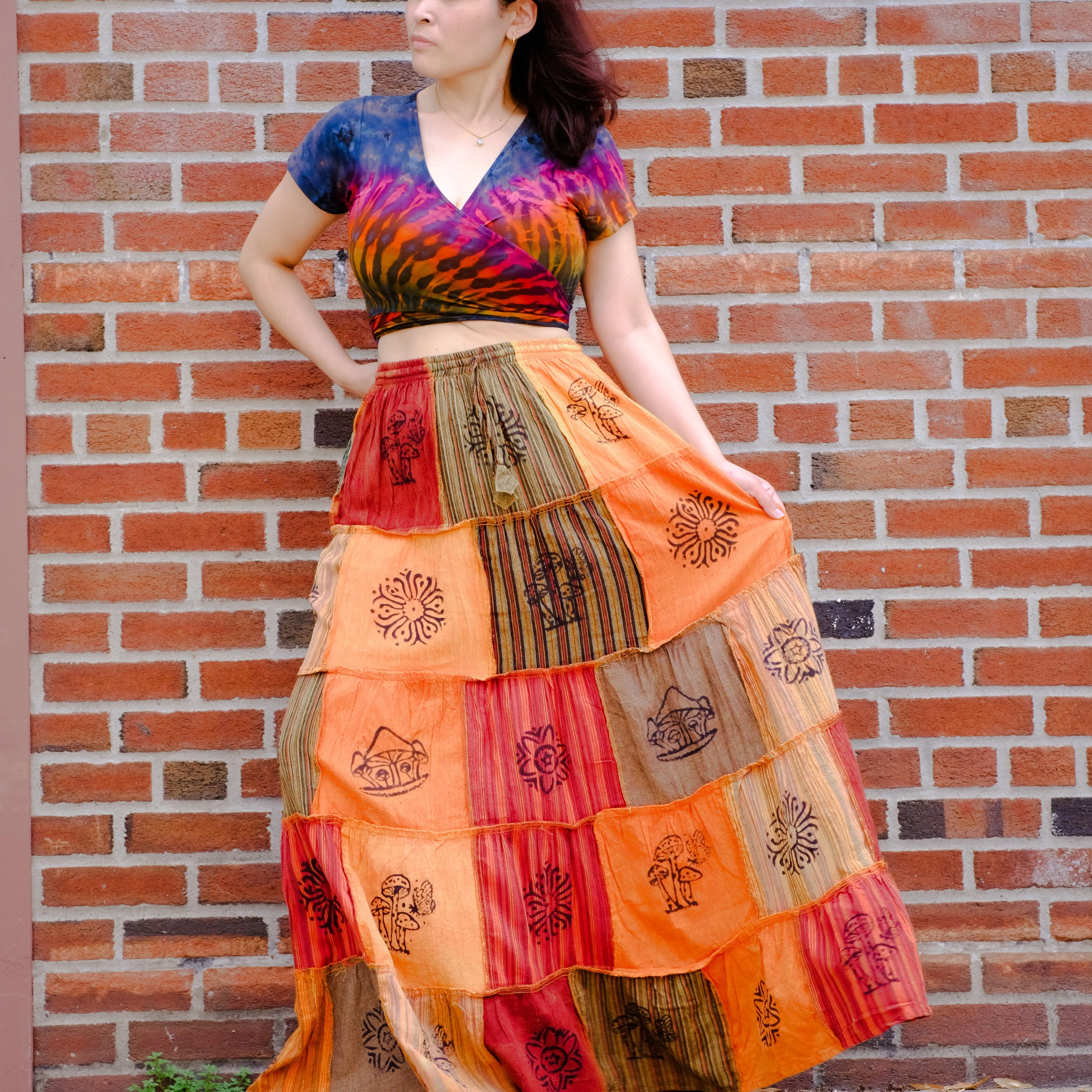 Patchwork Flowy Cotton Skirt with Pocket