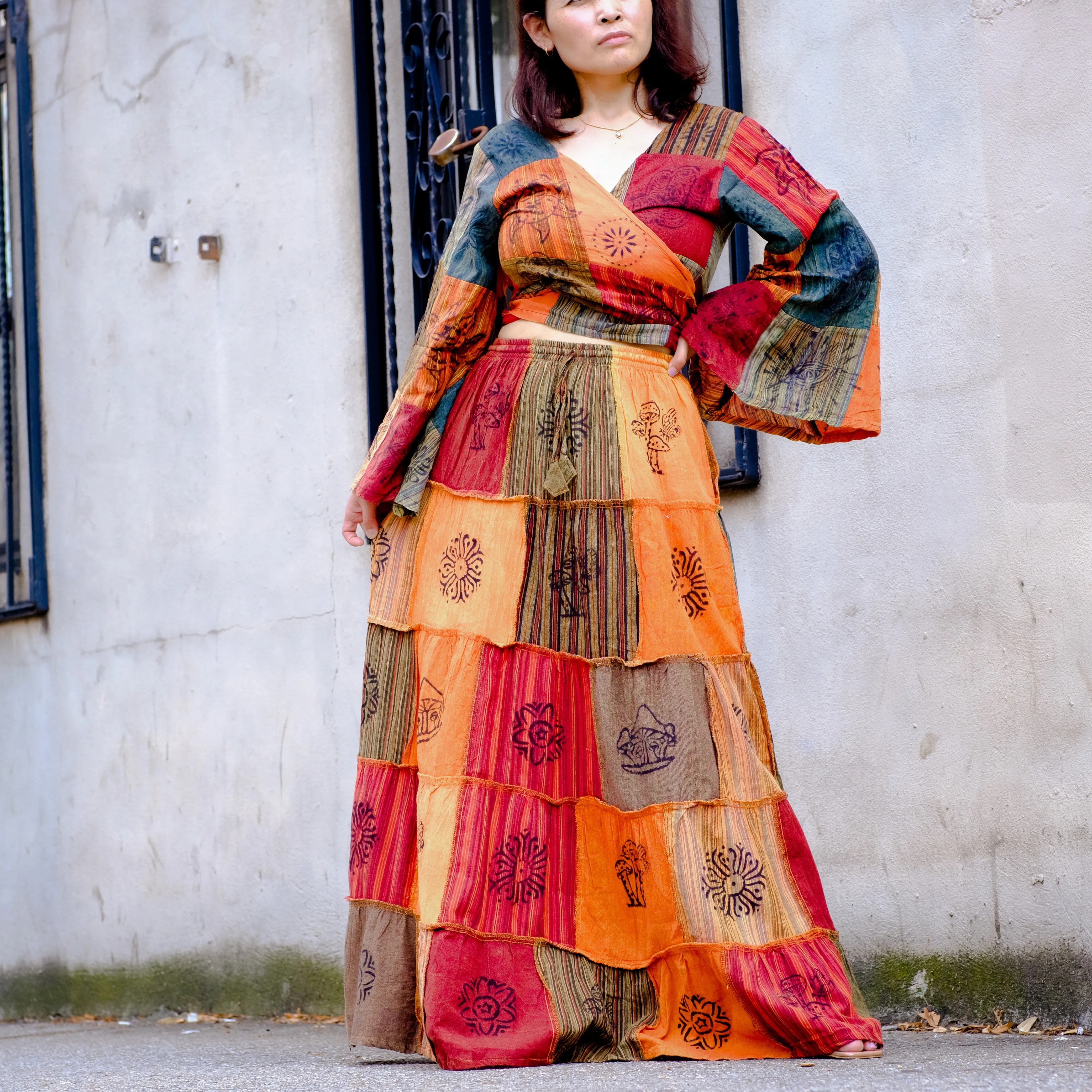 Patchwork Flowy Cotton Skirt with Pocket