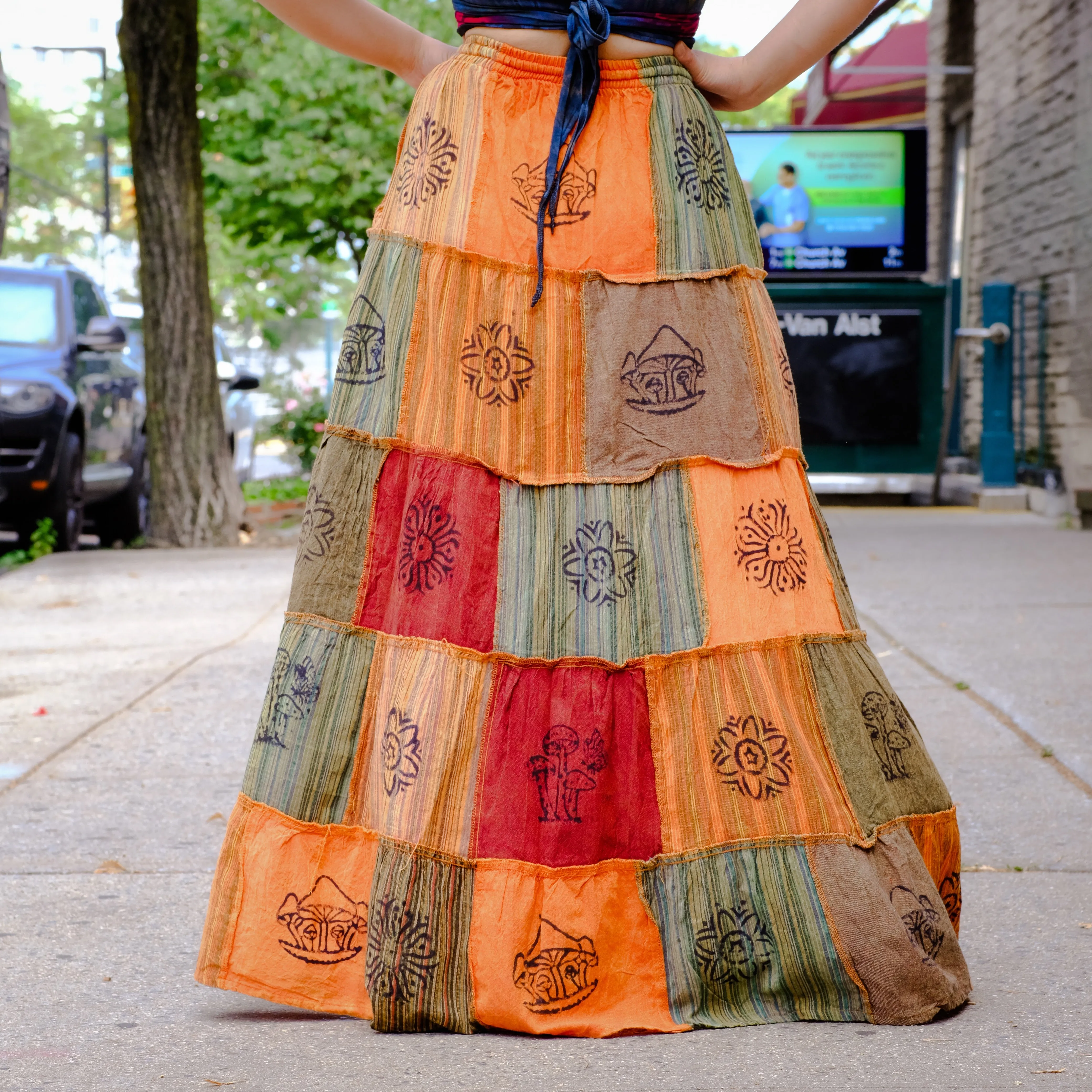 Patchwork Flowy Cotton Skirt with Pocket