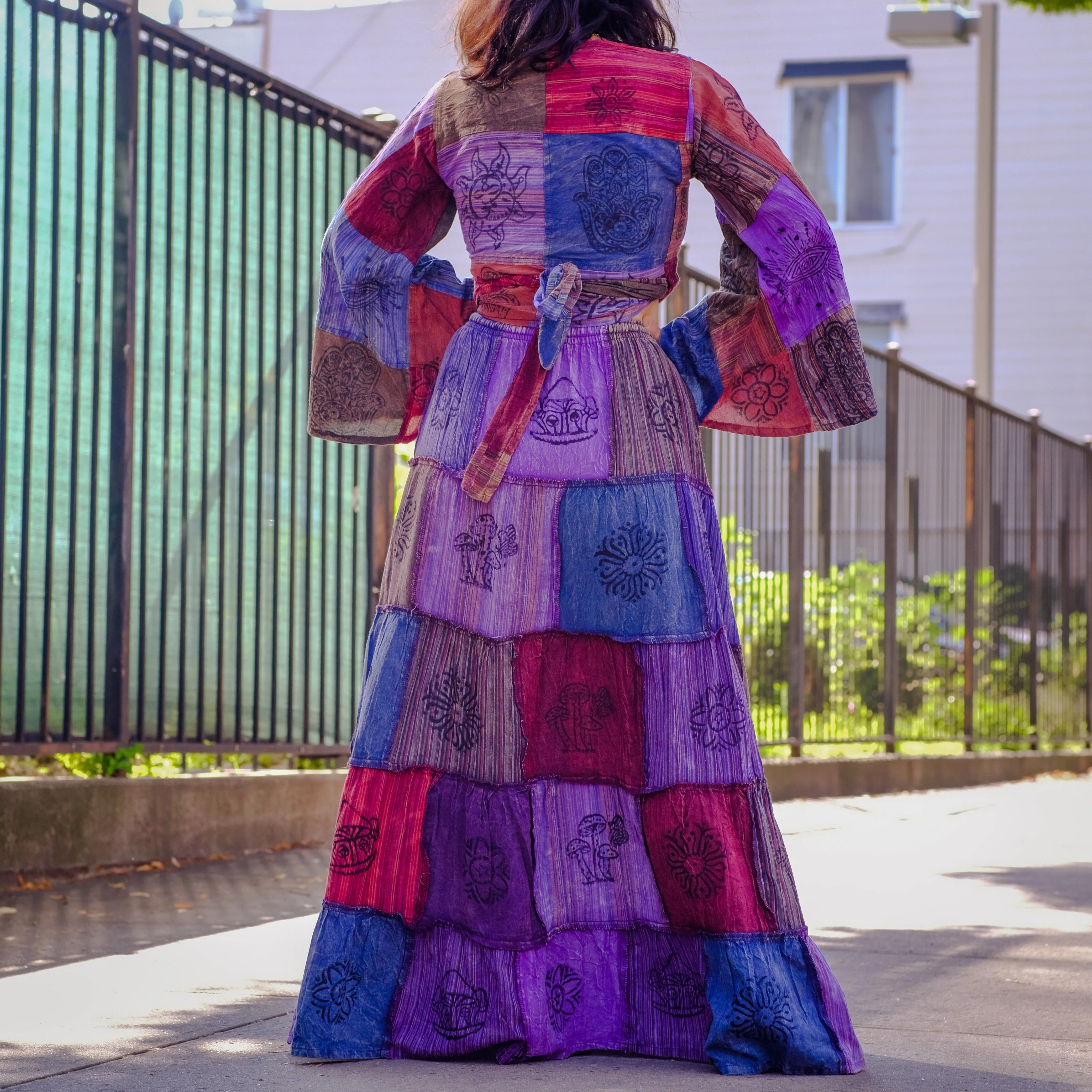 Patchwork Flowy Cotton Skirt with Pocket