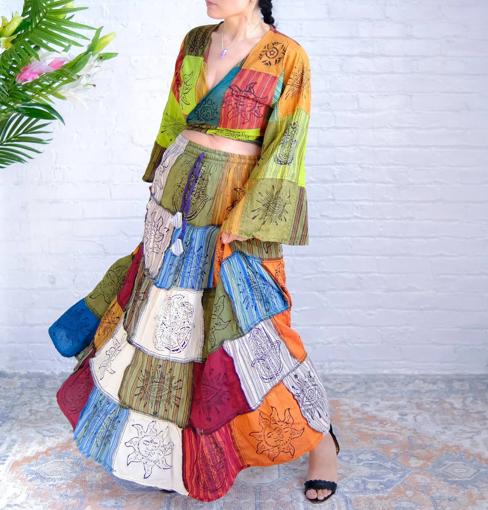 Patchwork Flowy Cotton Skirt with Pocket