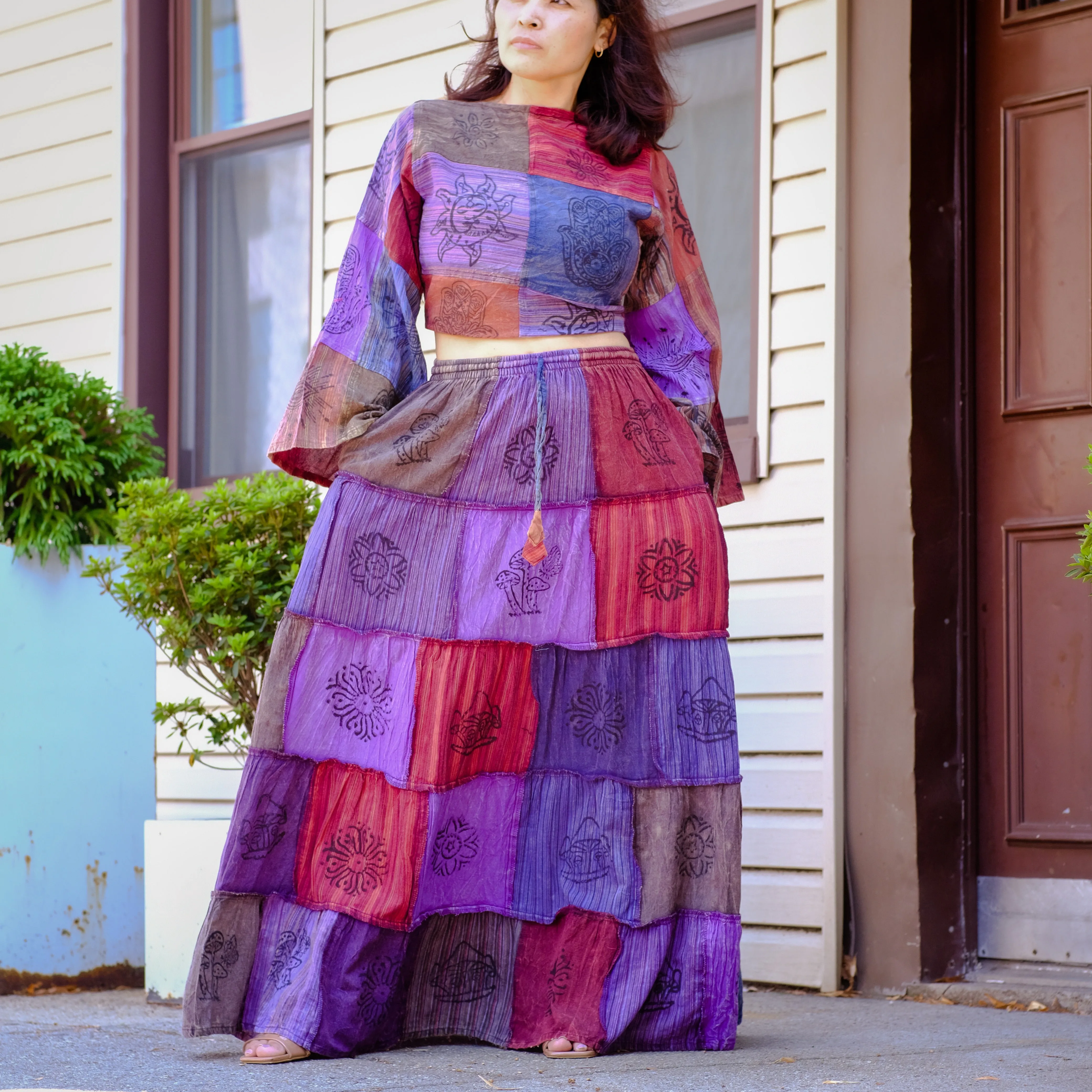 Patchwork Flowy Cotton Skirt with Pocket