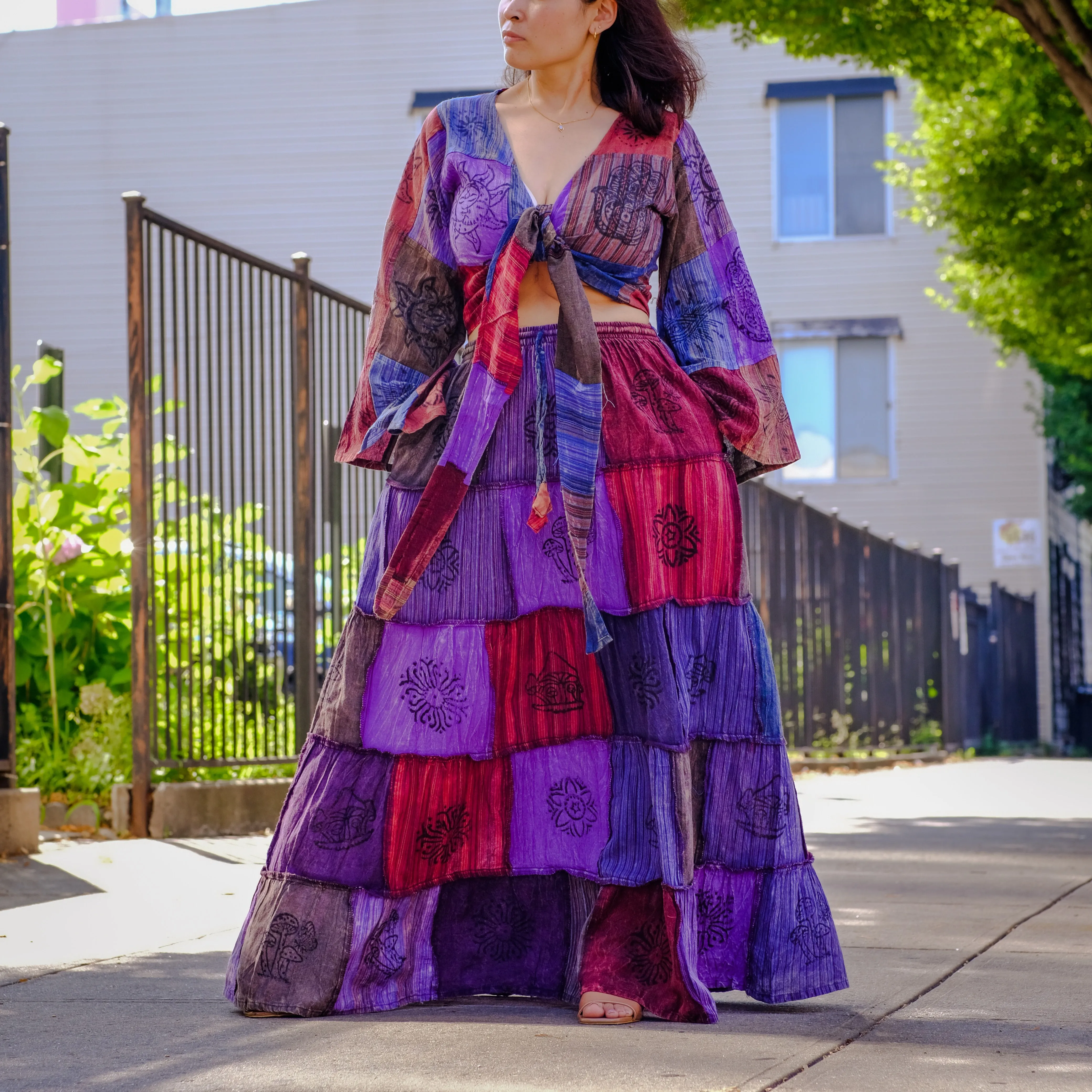 Patchwork Flowy Cotton Skirt with Pocket