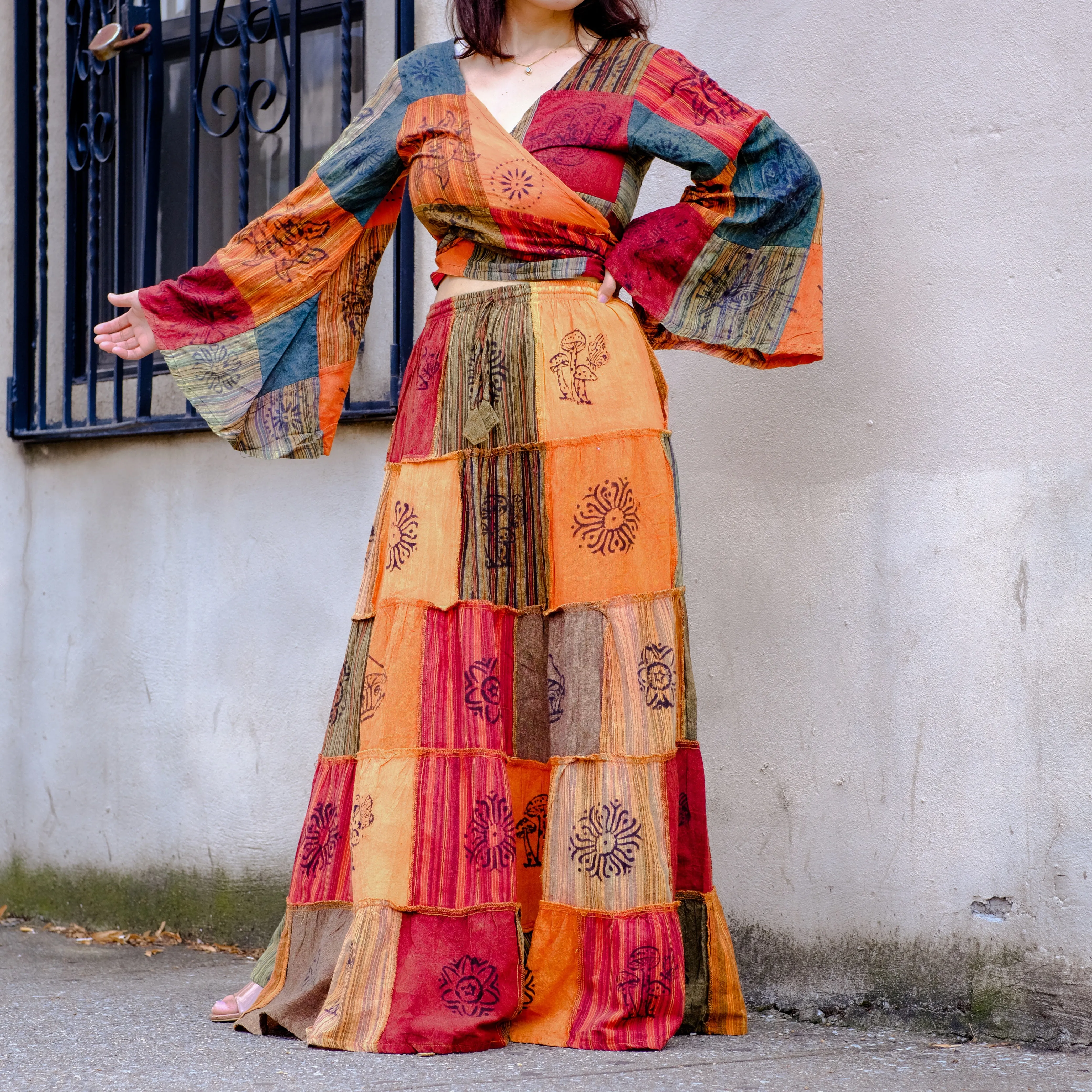 Patchwork Flowy Cotton Skirt with Pocket