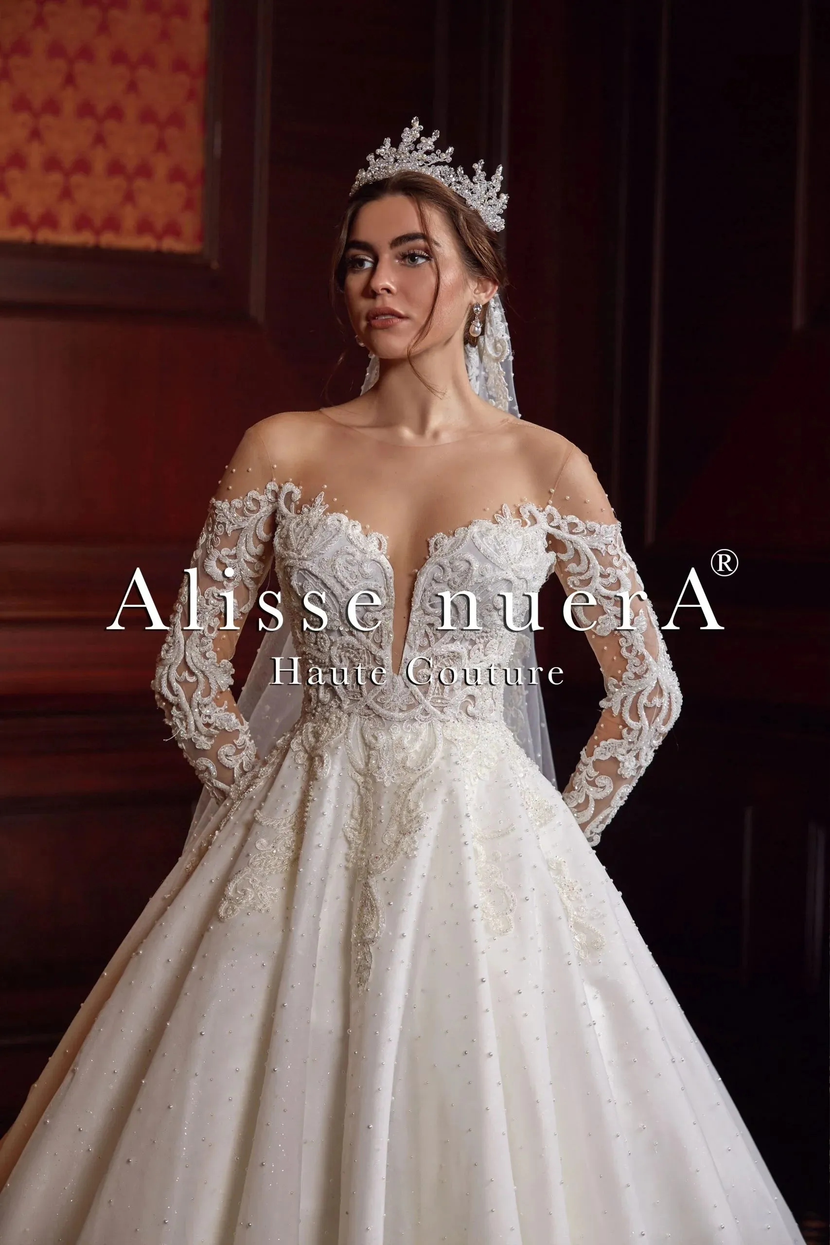 Pearl White Sparkling Bridal Dress with Pearl Stone Beaded Tulle Sleeves