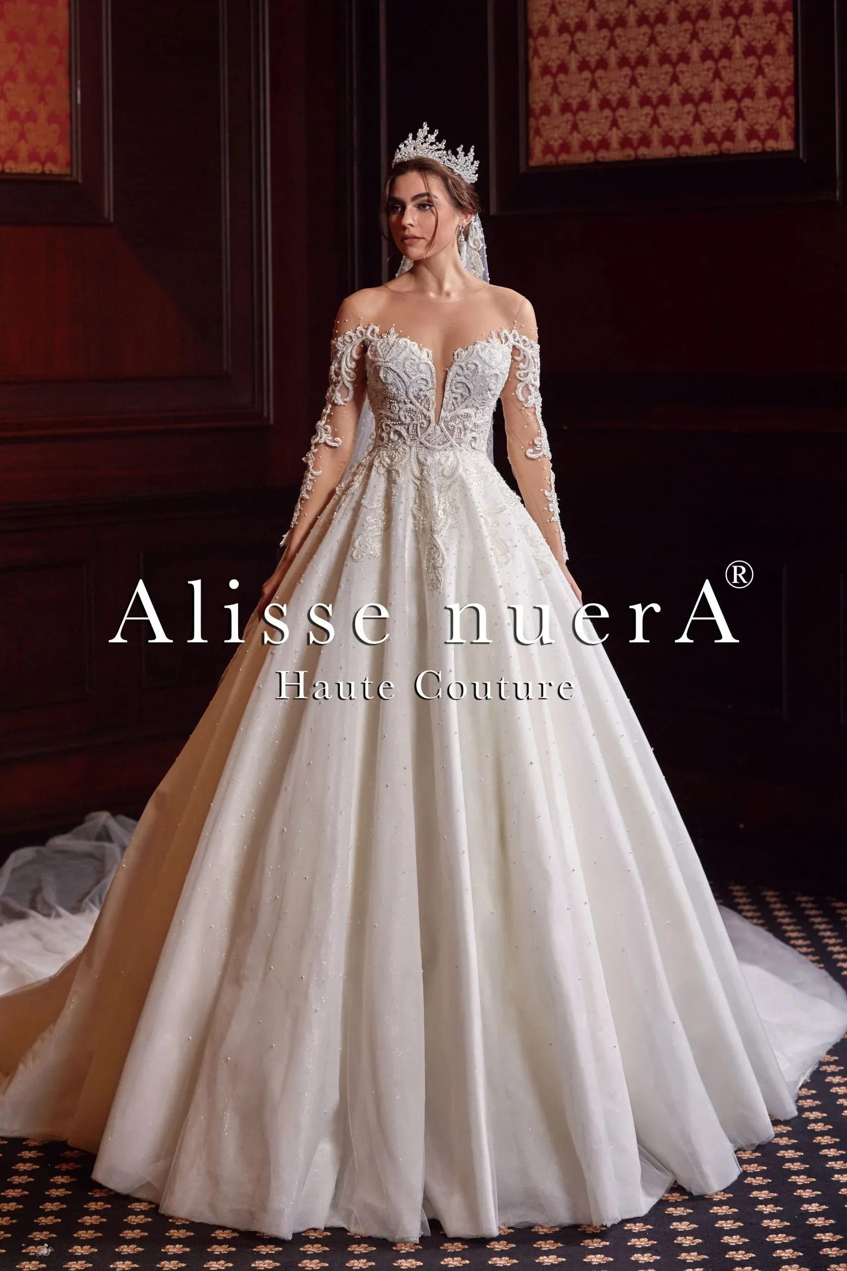 Pearl White Sparkling Bridal Dress with Pearl Stone Beaded Tulle Sleeves