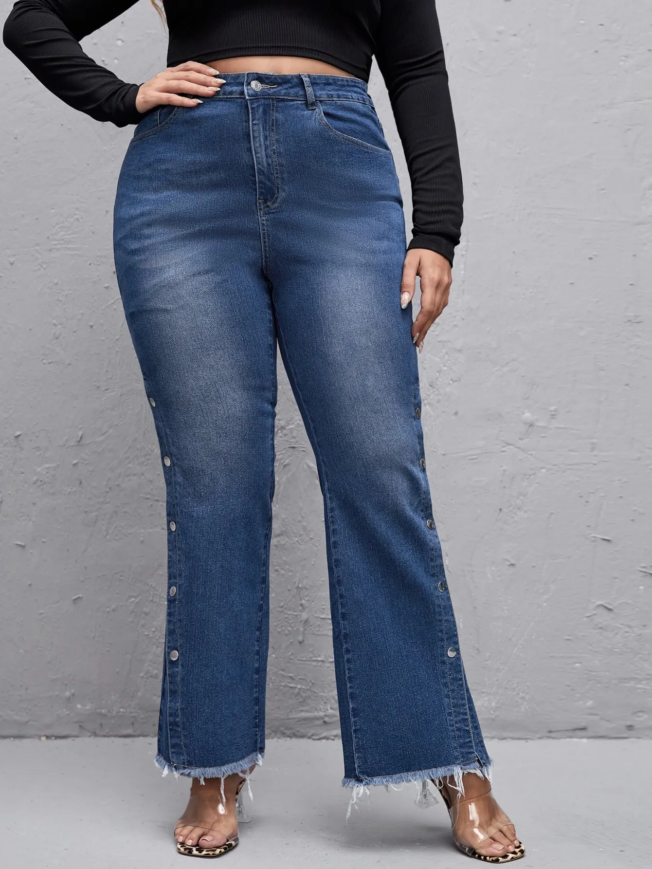 Plain Washed High Waist Long Plus Size Jeans