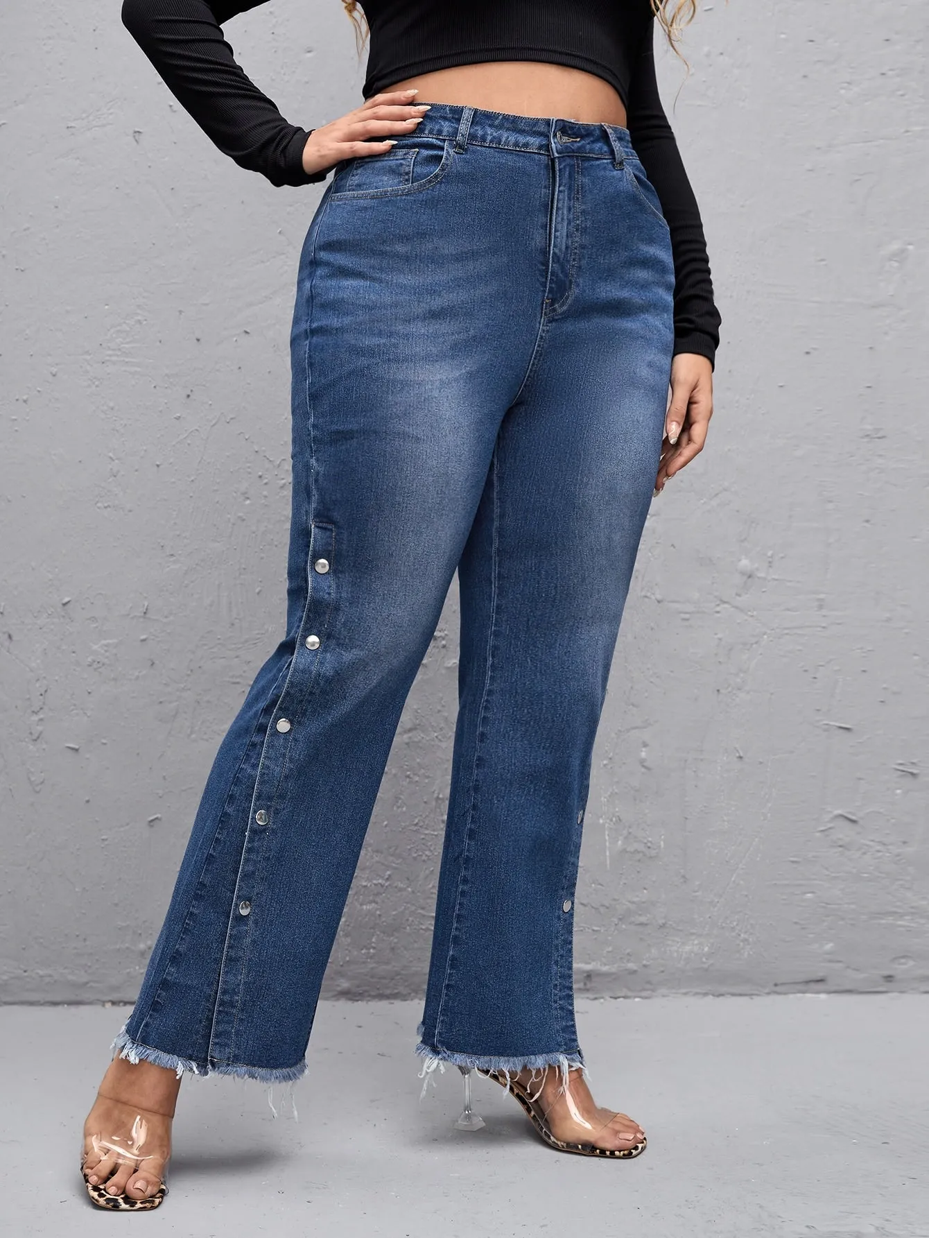 Plain Washed High Waist Long Plus Size Jeans