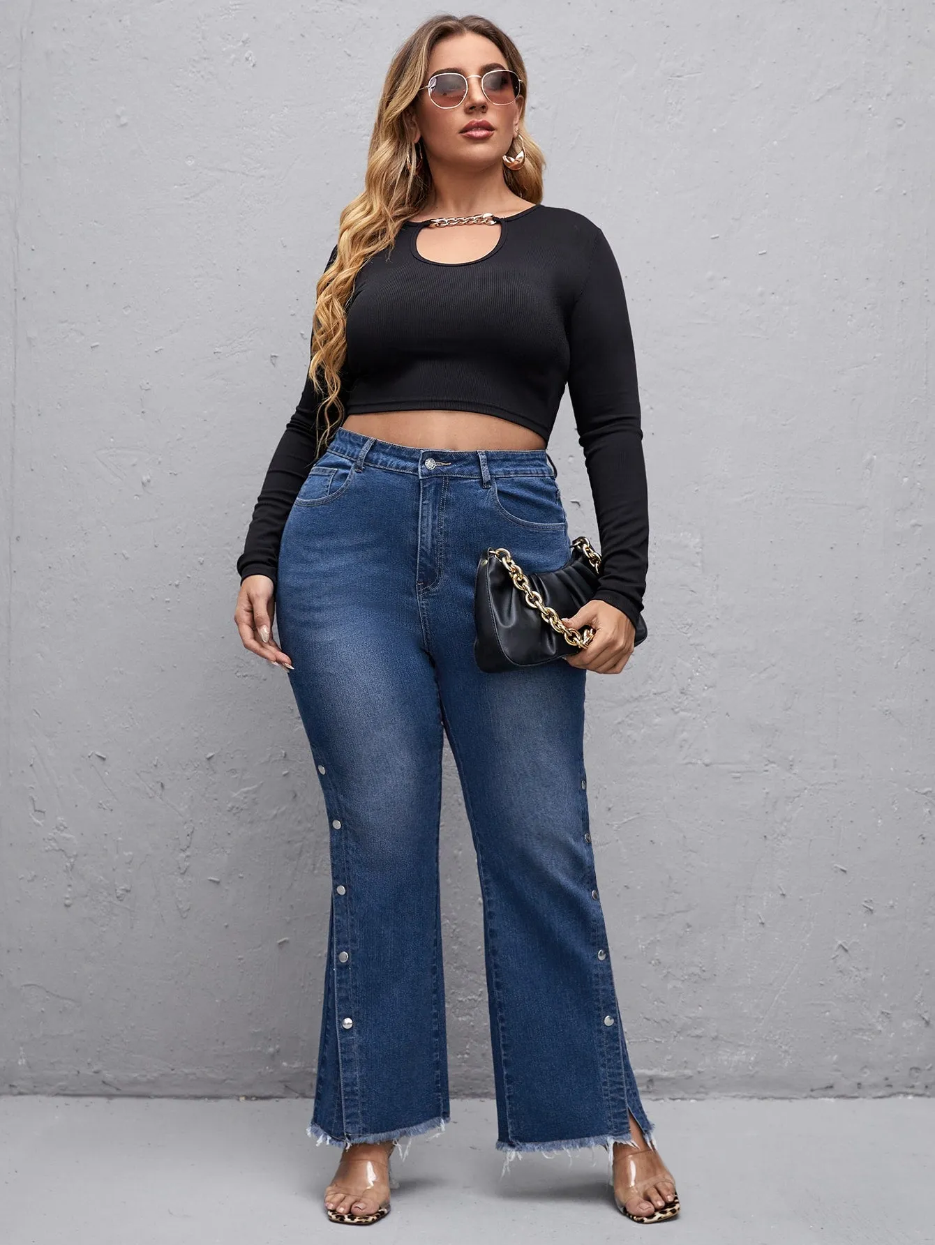 Plain Washed High Waist Long Plus Size Jeans