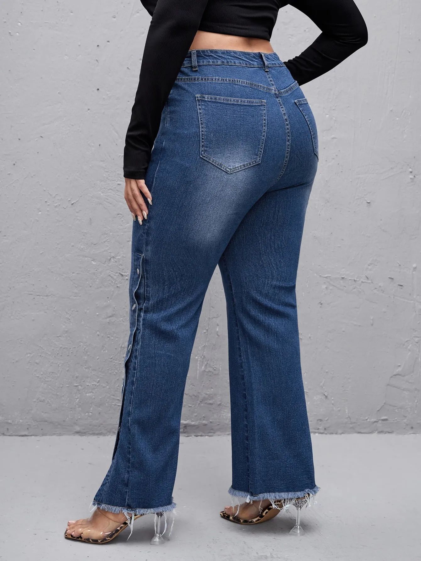 Plain Washed High Waist Long Plus Size Jeans