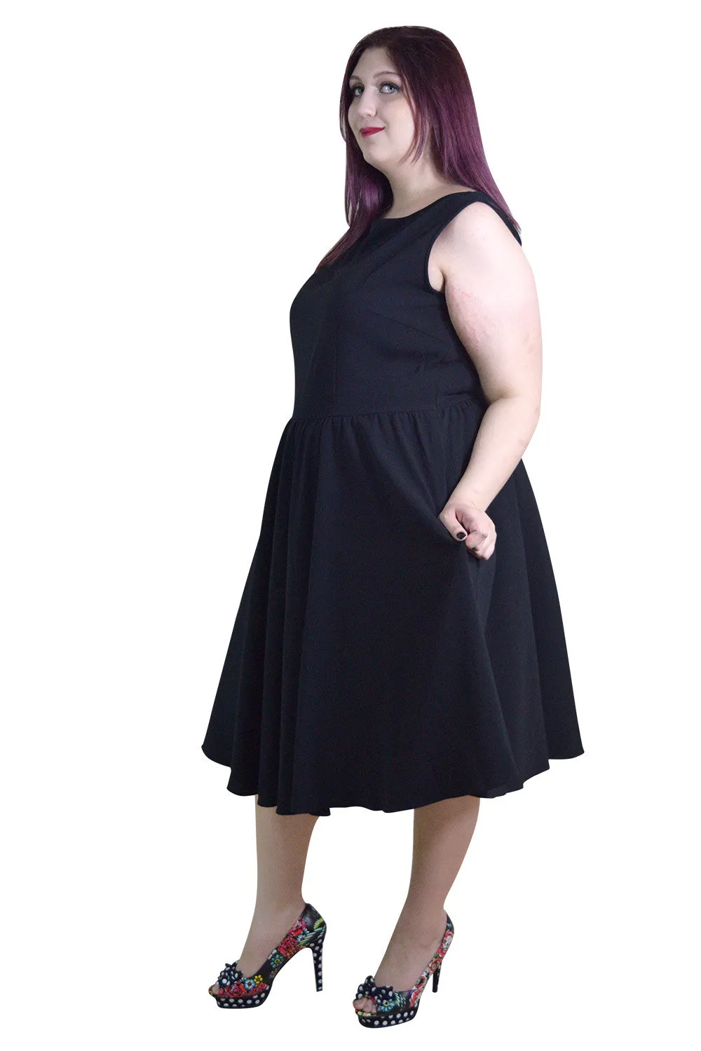 Plus 60's Vintage Design Black Sleeveless Flare Swing Party Dress