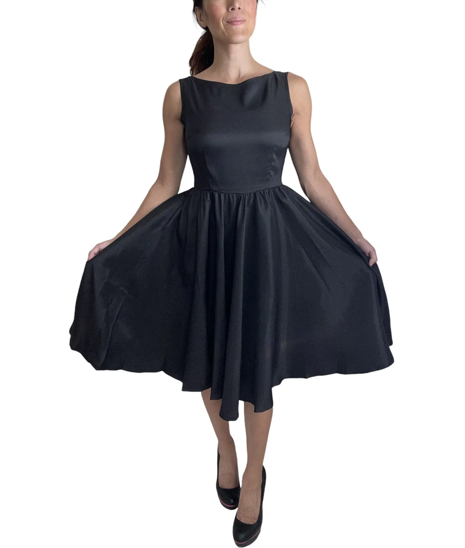 Retro Vintage Inspired Audrey Hepburn Style Black Satin Flare Swing Party Dress