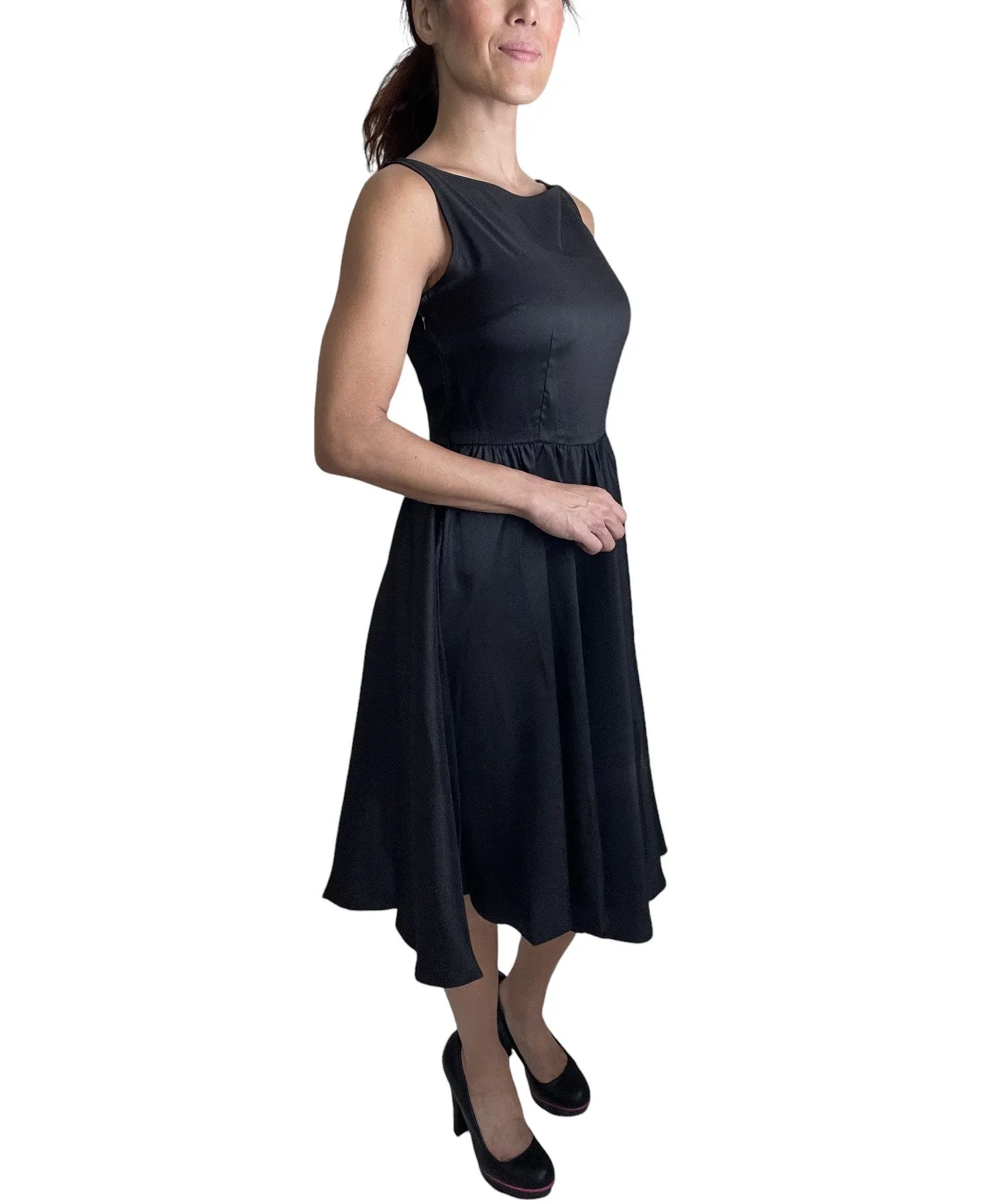 Retro Vintage Inspired Audrey Hepburn Style Black Satin Flare Swing Party Dress