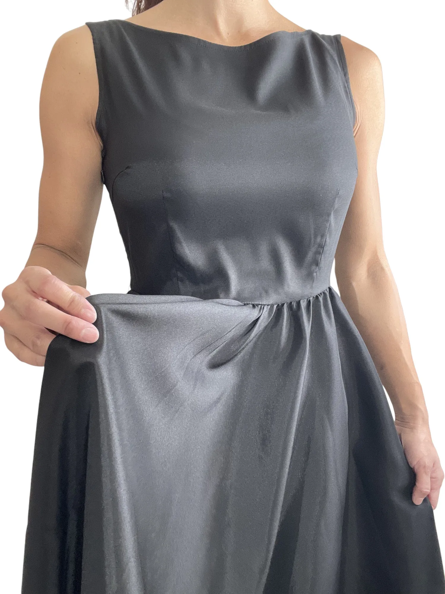 Retro Vintage Inspired Audrey Hepburn Style Black Satin Flare Swing Party Dress