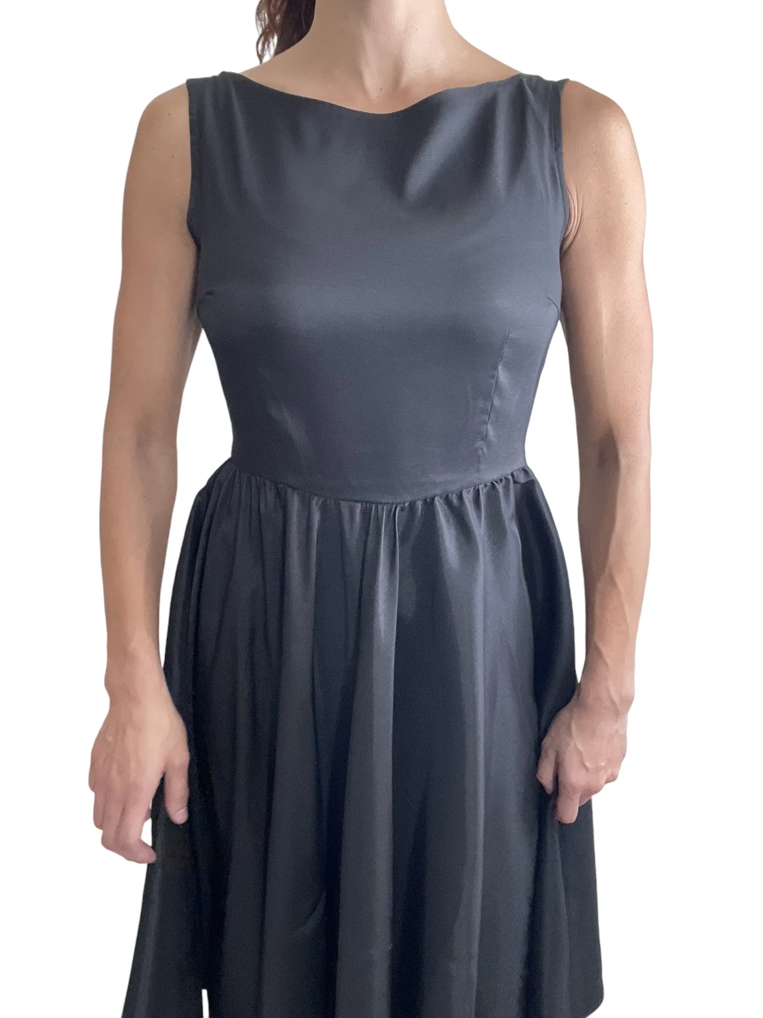 Retro Vintage Inspired Audrey Hepburn Style Black Satin Flare Swing Party Dress
