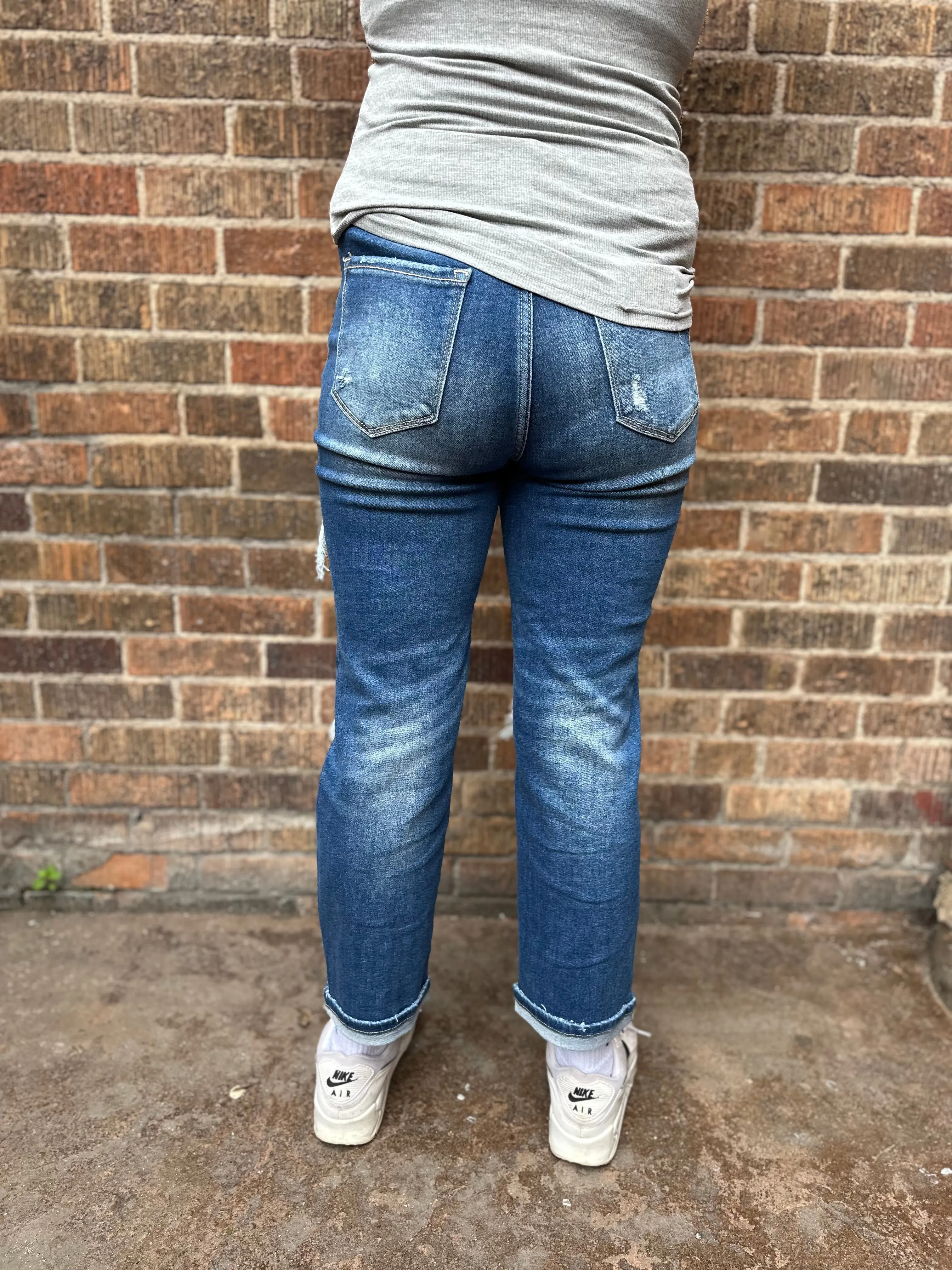 Risen High Rise Crop Straight Cuffed Distressed Jeans