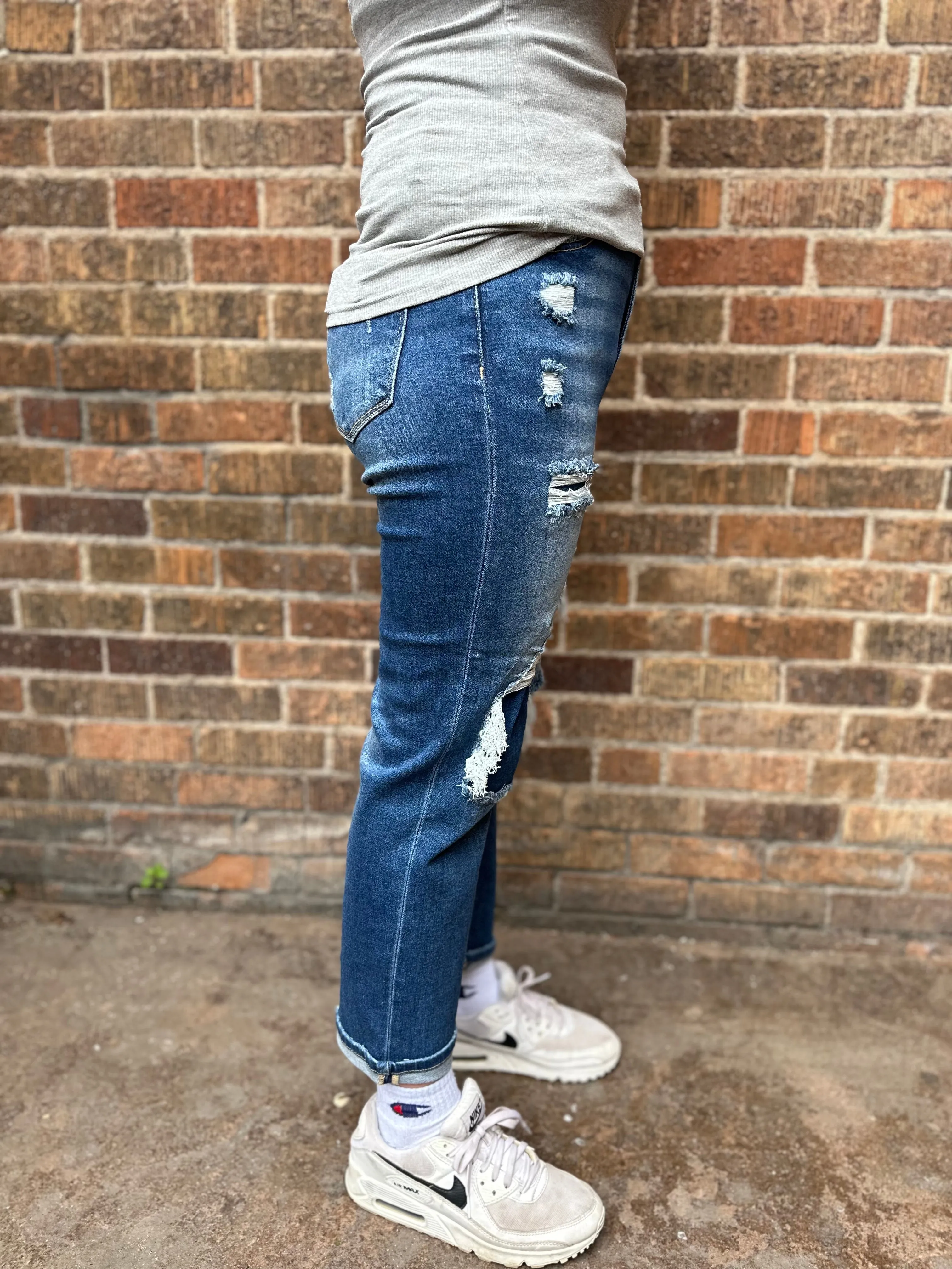 Risen High Rise Crop Straight Cuffed Distressed Jeans