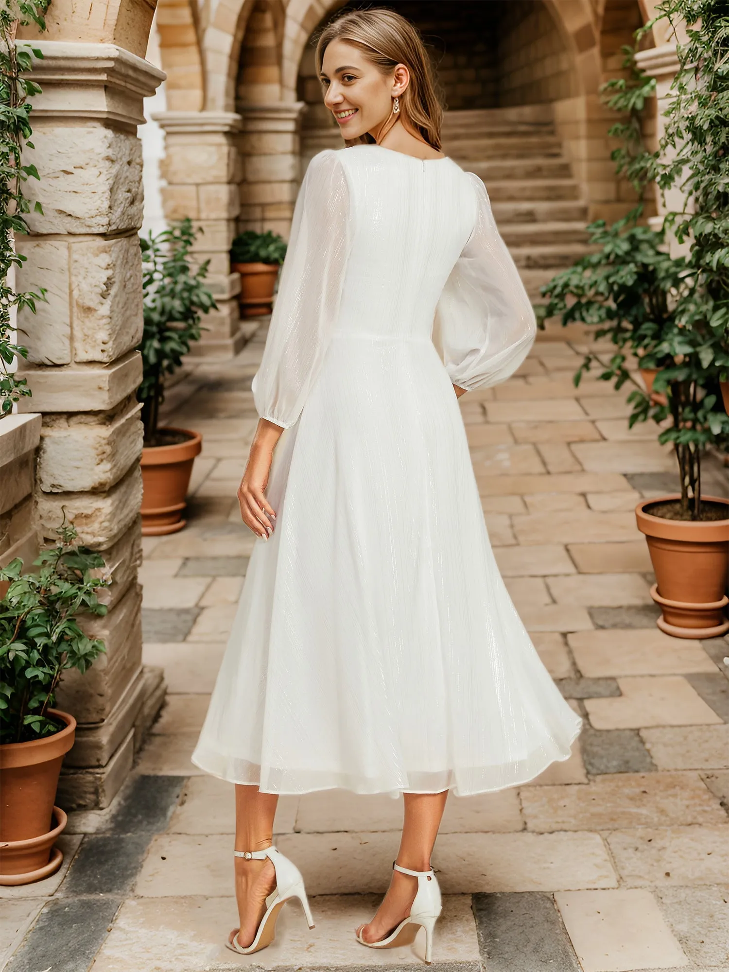 Shiny Chiffon Wholesale Wedding Guest Dresses with Long Sleeve