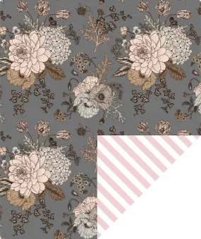 Sketch Floral Wrapping Paper Silver Color with Red Stripe on Reverse