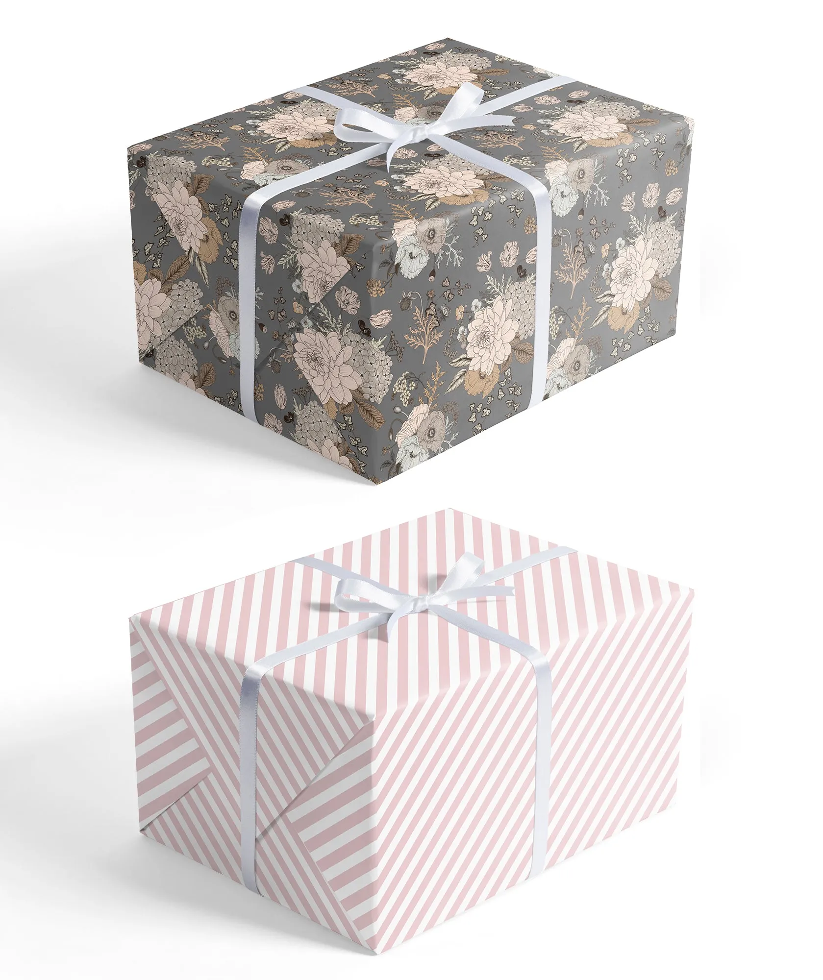 Sketch Floral Wrapping Paper Silver Color with Red Stripe on Reverse