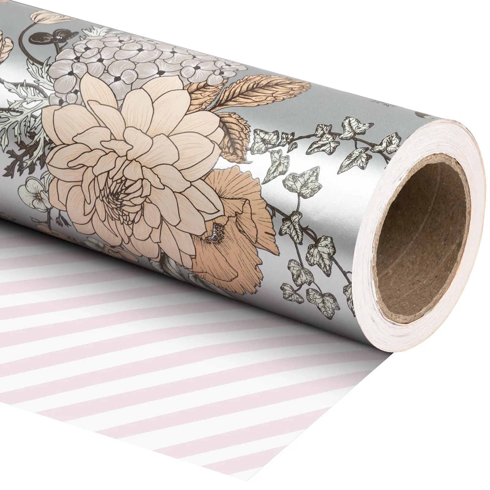 Sketch Floral Wrapping Paper Silver Color with Red Stripe on Reverse