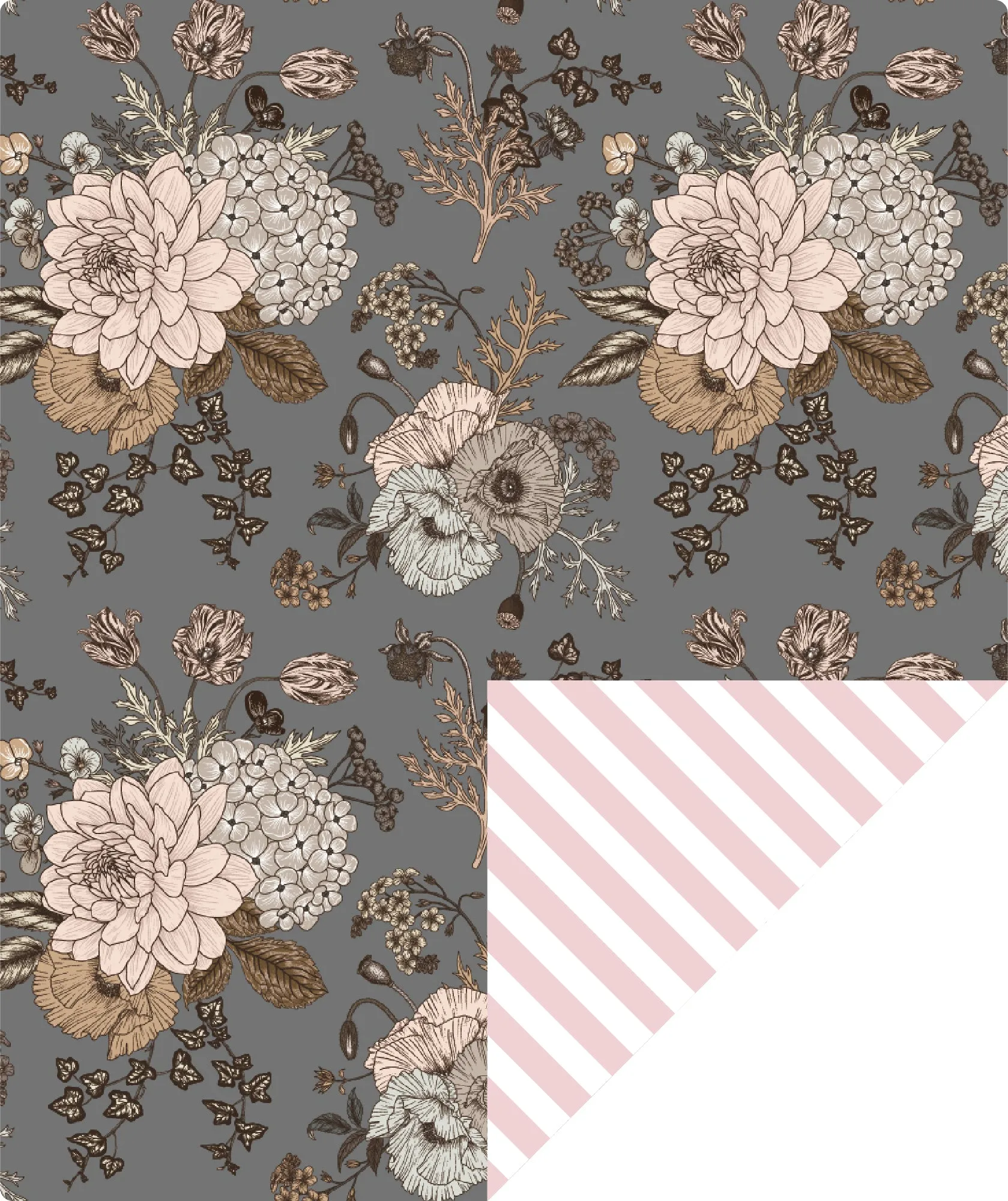 Sketch Floral Wrapping Paper Silver Color with Red Stripe on Reverse