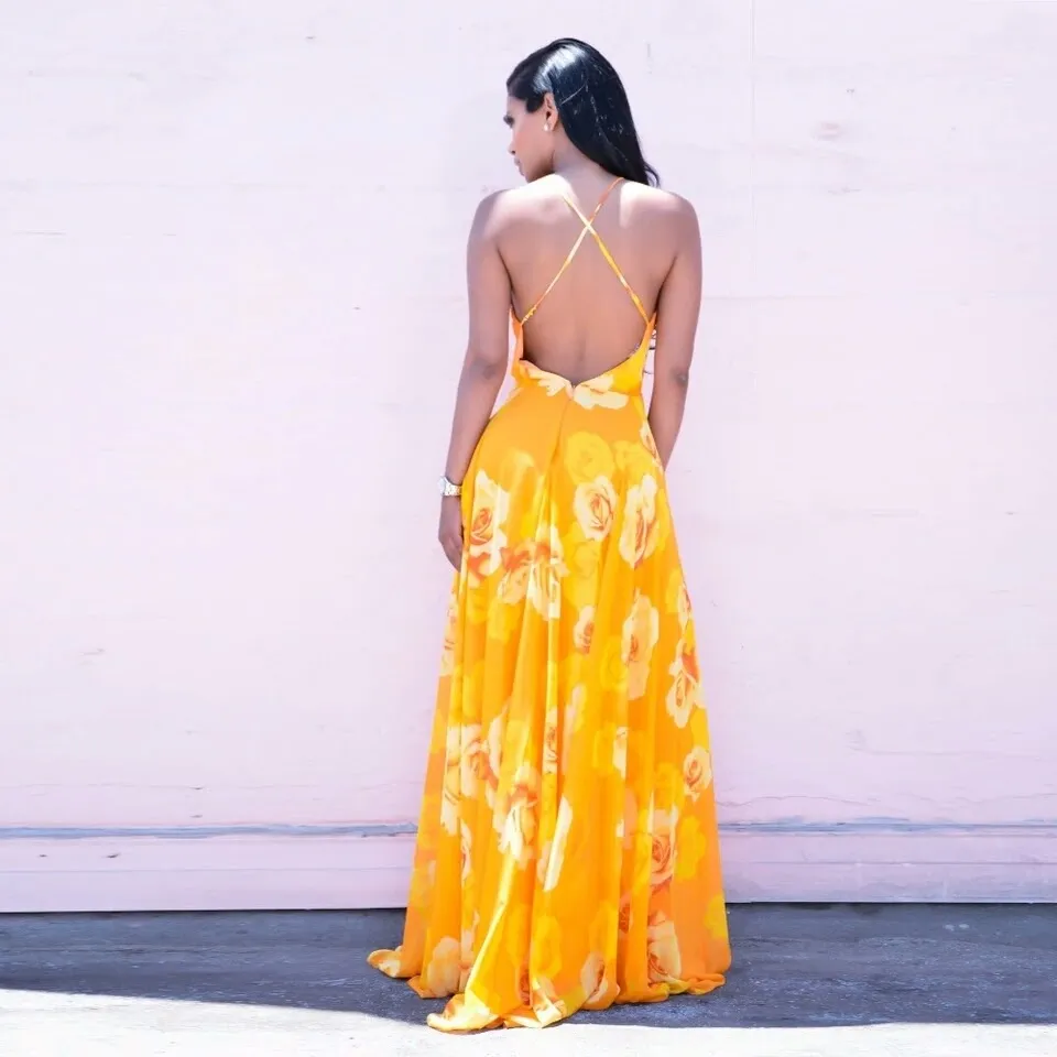 Sleeveless Long Maxi Dress with Deep V Neckline and Floral Print