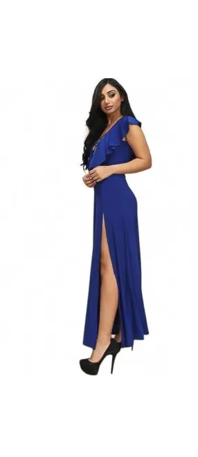 Split Let Blue Ruffle Plunge Maxi Dress