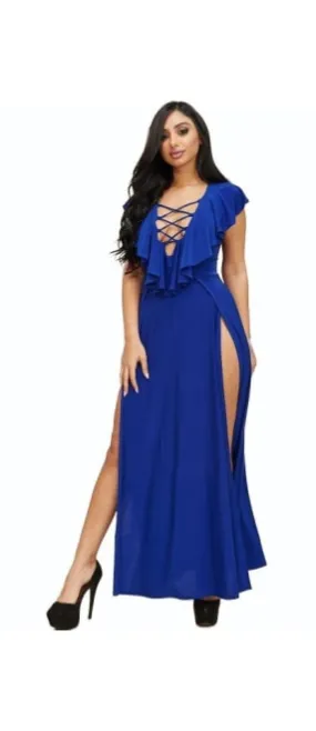 Split Let Blue Ruffle Plunge Maxi Dress