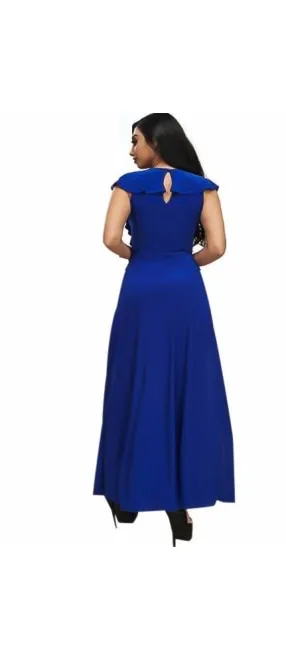 Split Let Blue Ruffle Plunge Maxi Dress