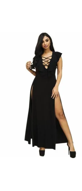 Split Let Blue Ruffle Plunge Maxi Dress