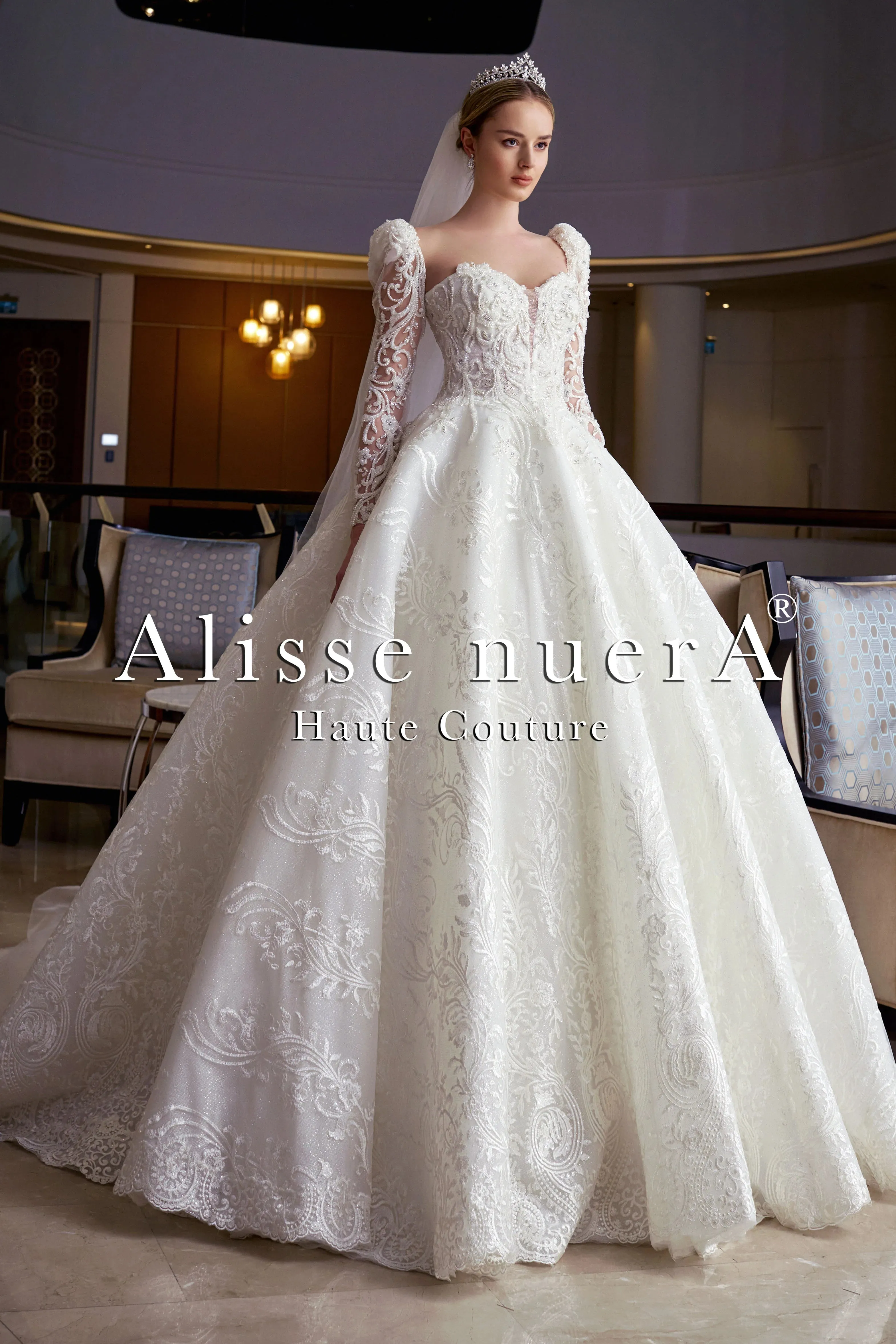 Square Neck Watermelon Sleeve A-Line Lace Wedding Dress Model