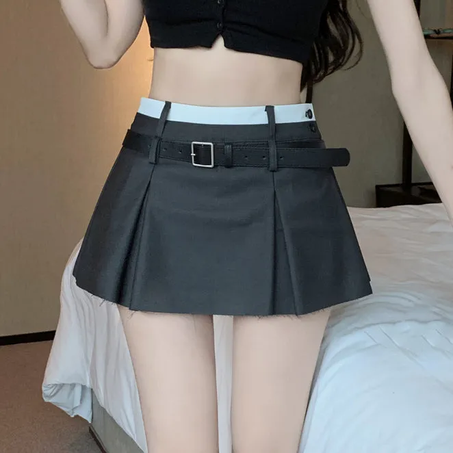 Stitching High Waist Pleated Skirt With Belt