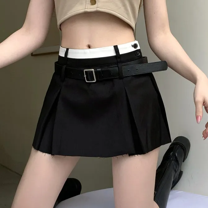 Stitching High Waist Pleated Skirt With Belt
