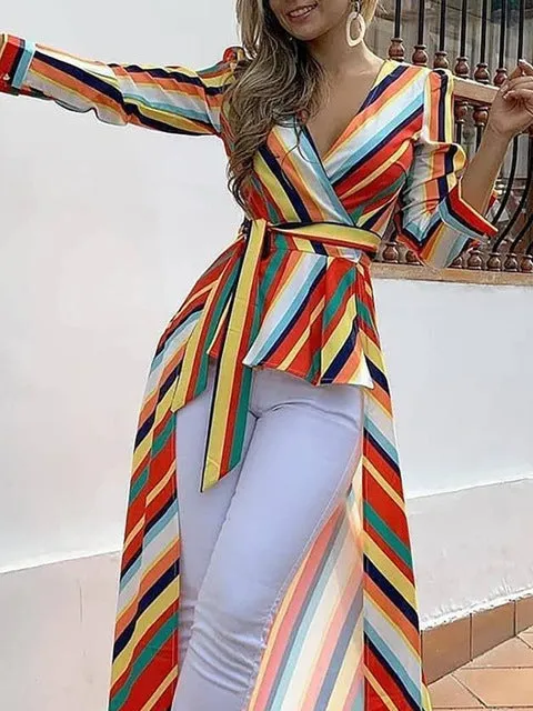 Striped Ruffles Dip Hem Blouse