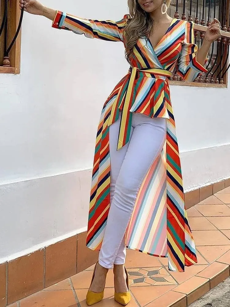 Striped Ruffles Dip Hem Blouse