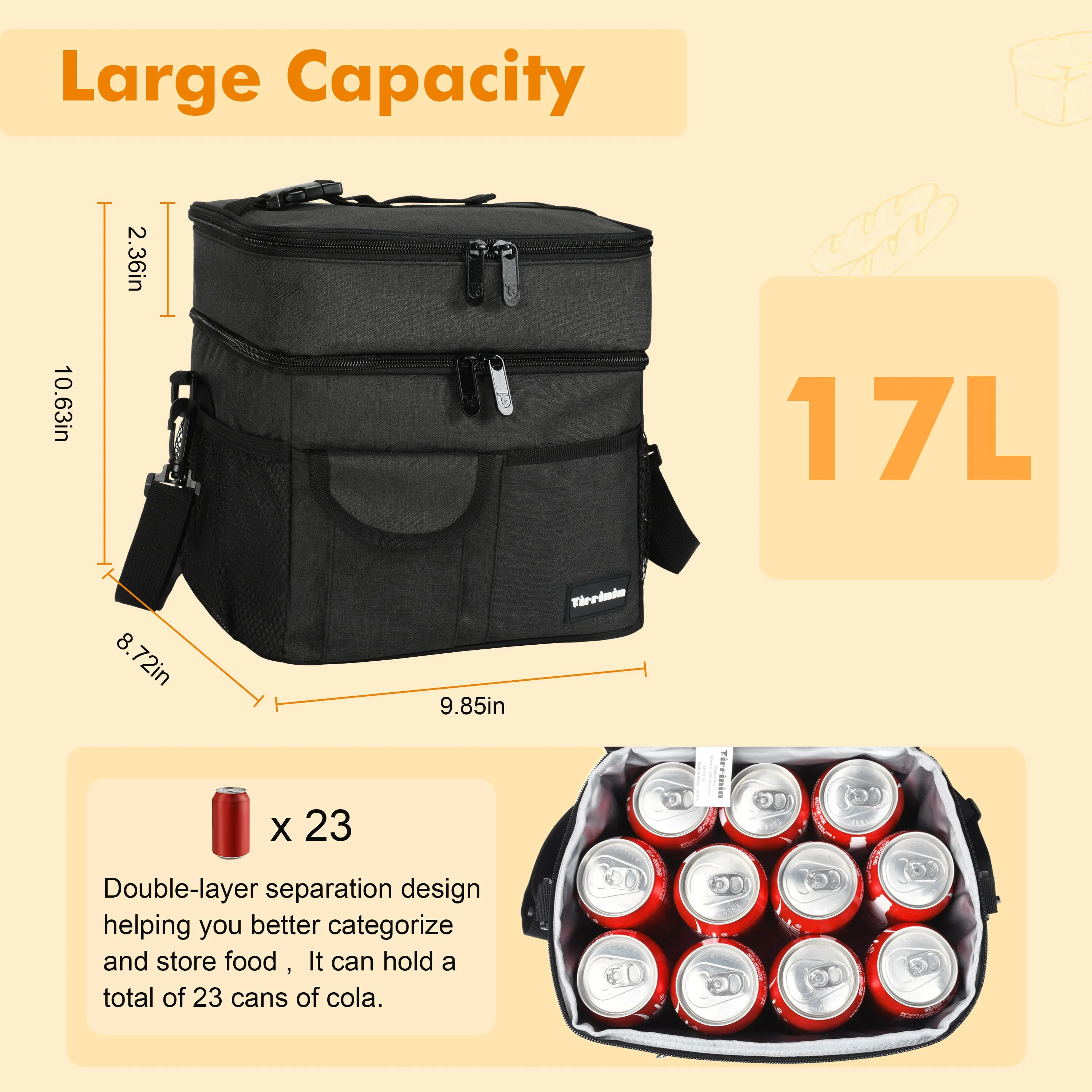 Tirrinia Large Double-Layer Insulated Lunch Bag with Pocket