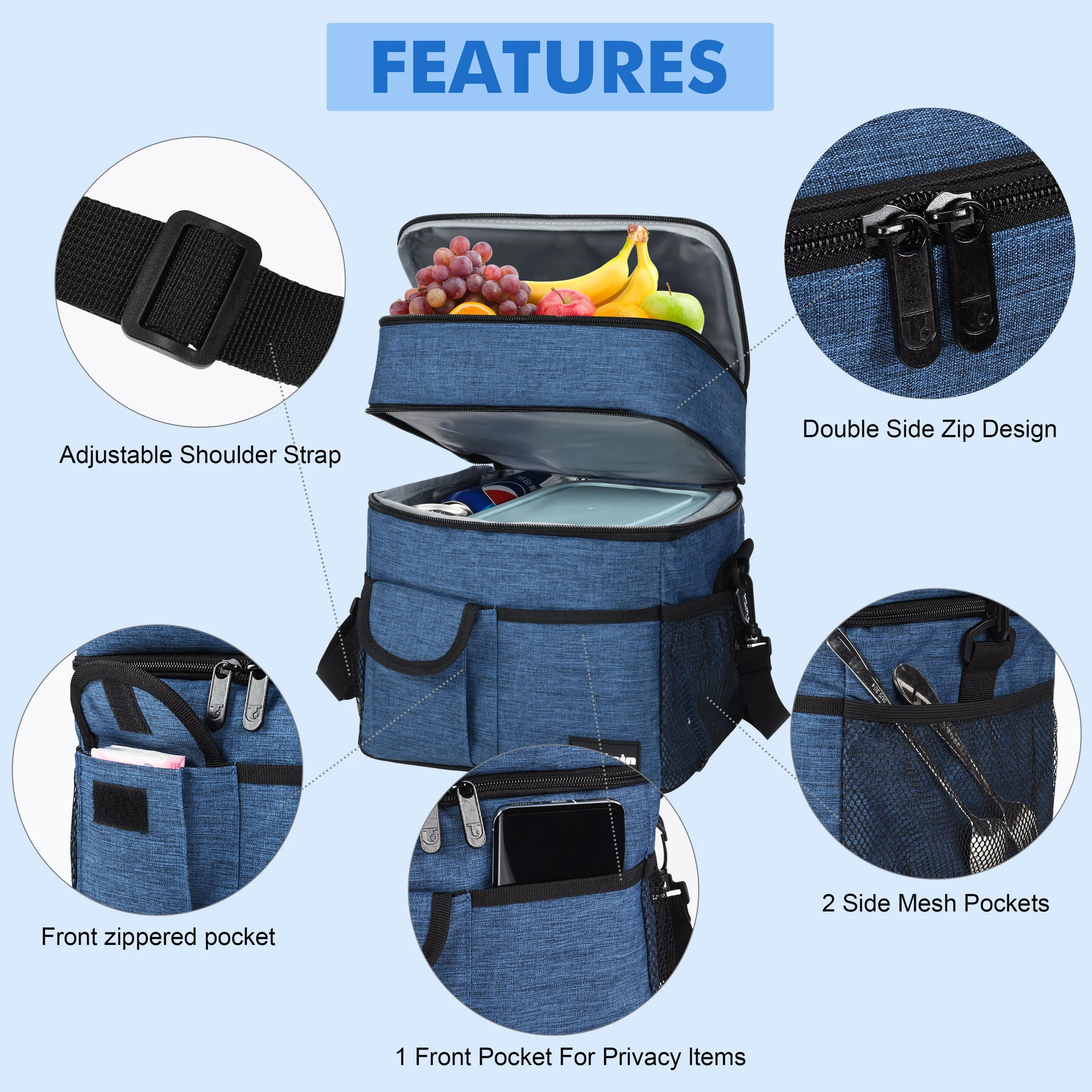 Tirrinia Large Double-Layer Insulated Lunch Bag with Pocket