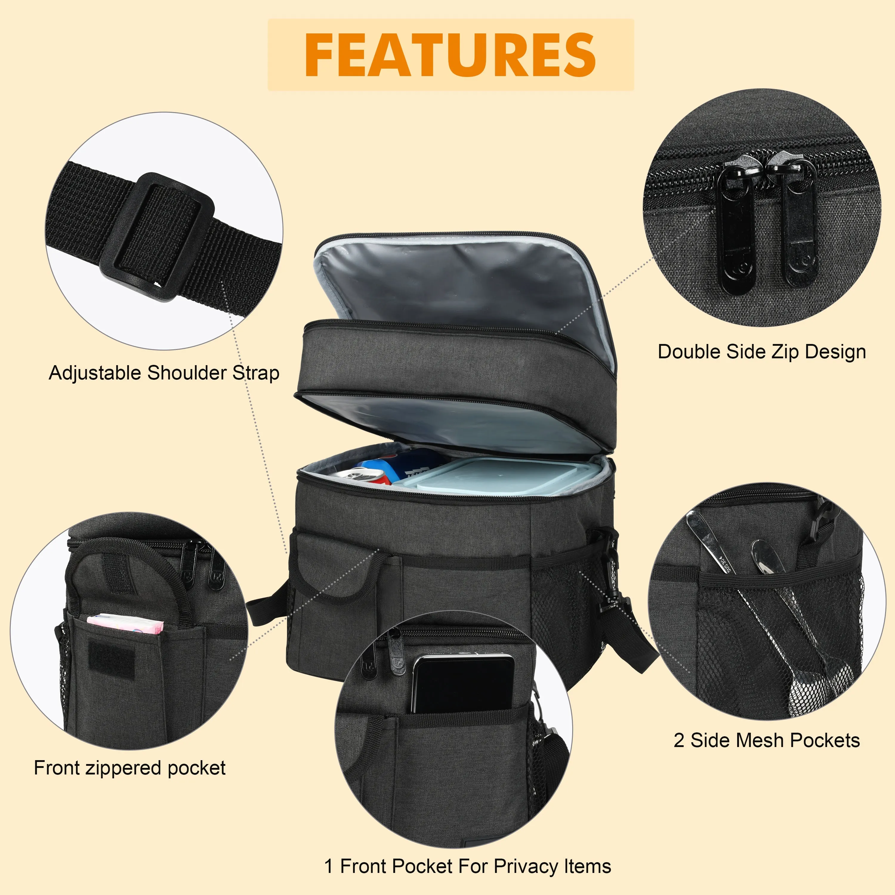 Tirrinia Large Double-Layer Insulated Lunch Bag with Pocket