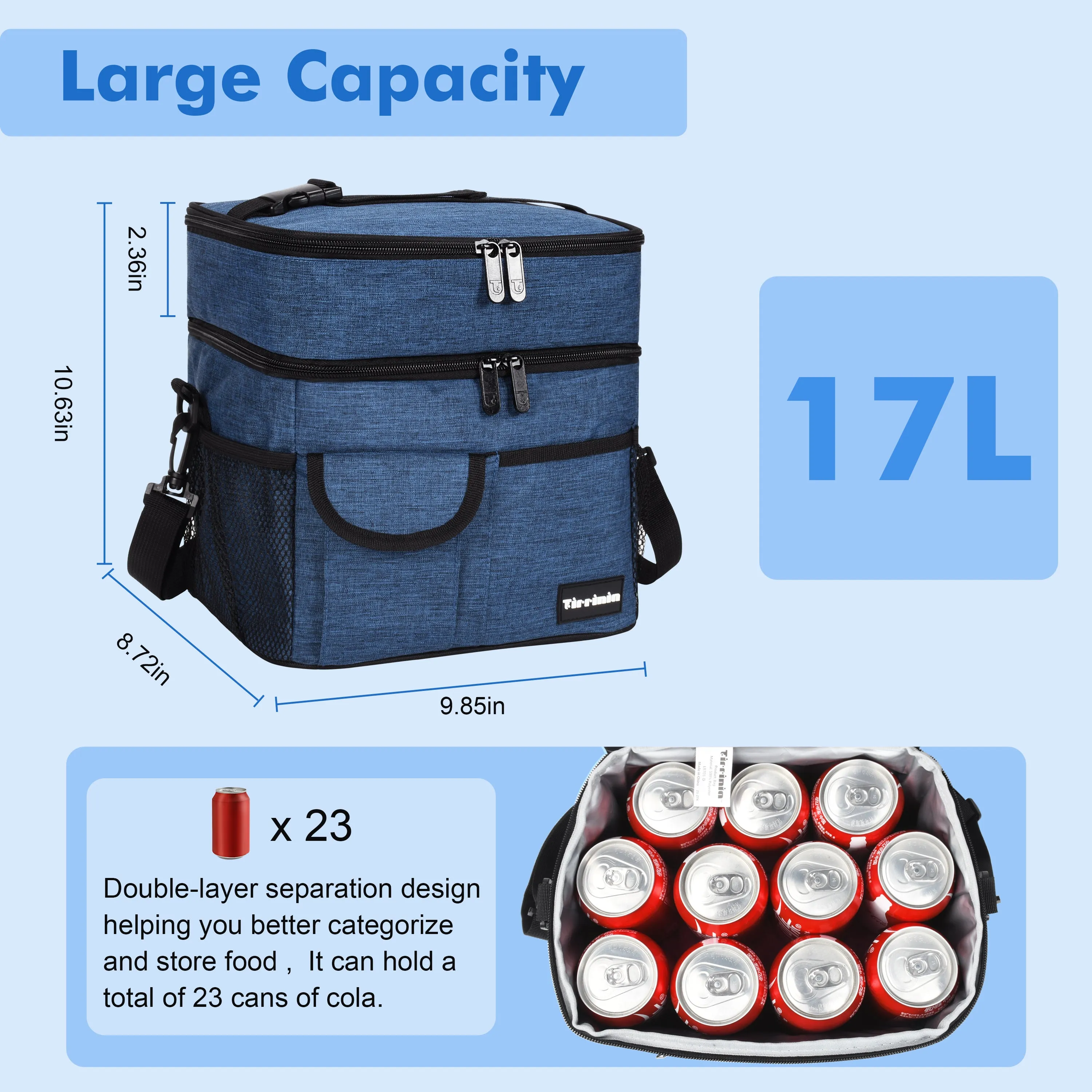 Tirrinia Large Double-Layer Insulated Lunch Bag with Pocket