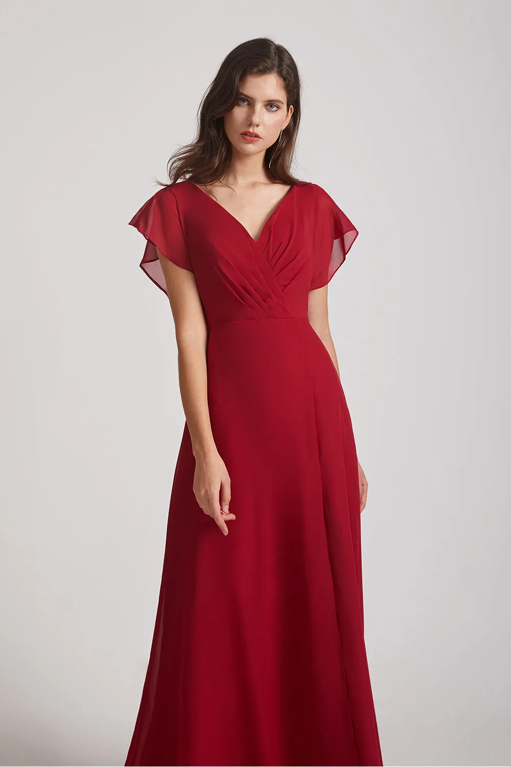 V-Neck Chiffon Long Backless Bridesmaid Dresses with Side Slit (AF0071)